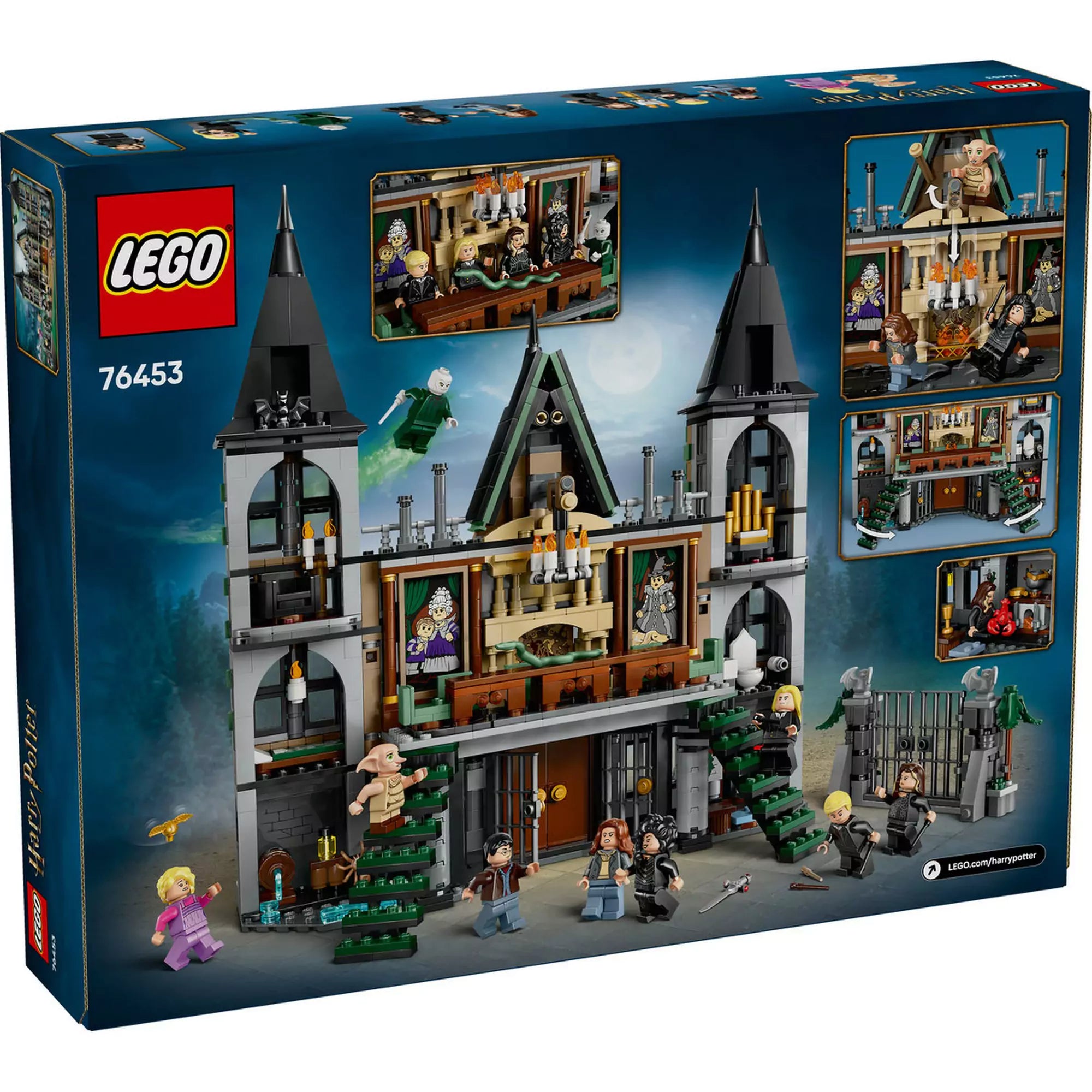 LEGO Harry Potter: Malfoy-kuria (76453) – a hátoldali csomagolás részletei a belső jelenetekkel és minifigurákkal.