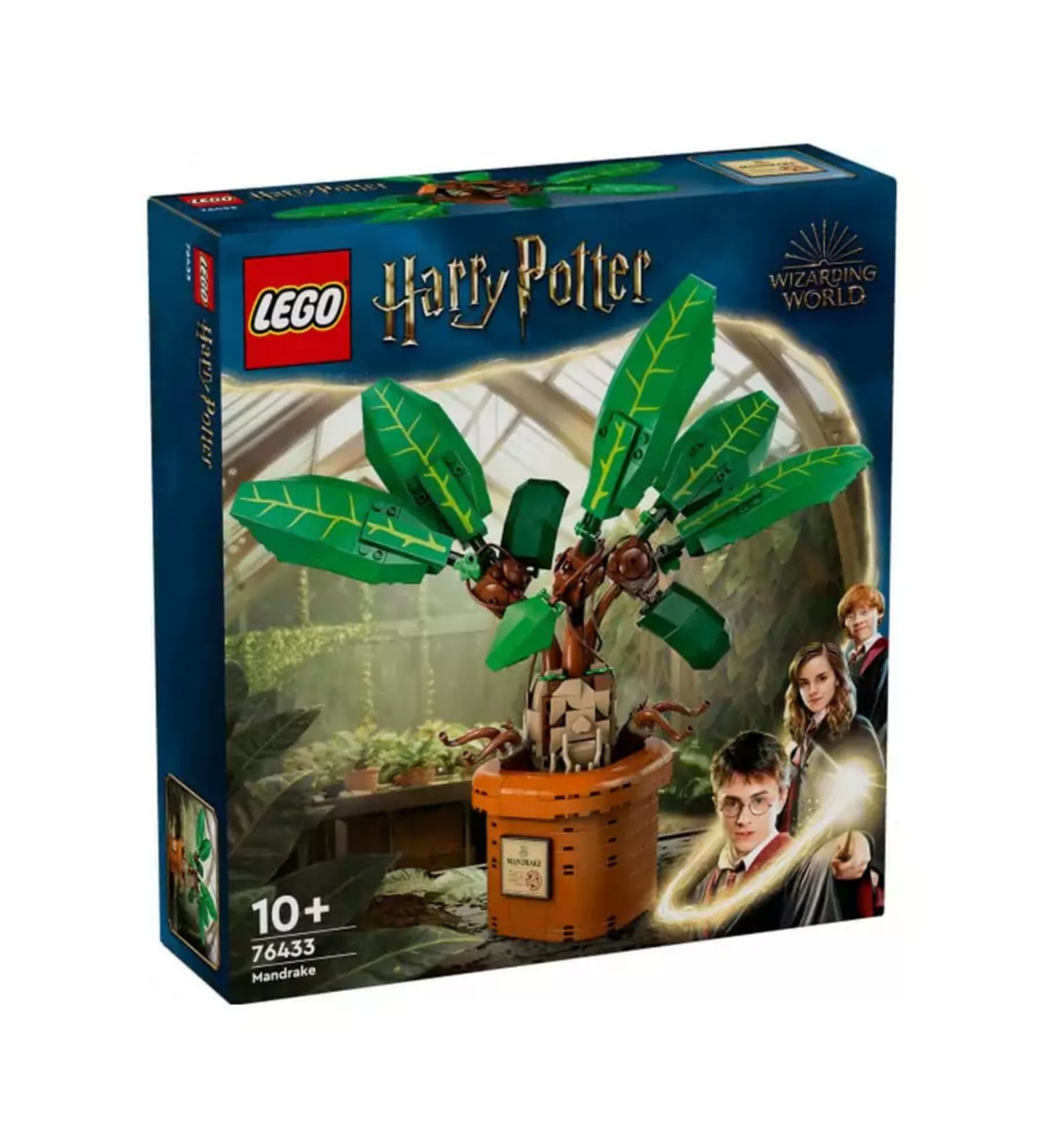 A LEGO Harry Potter Mandragóra (76433) készlet doboza, rajta a növény megépített modelljének képe, Harry, Hermione és Ron portréival a háttérben.