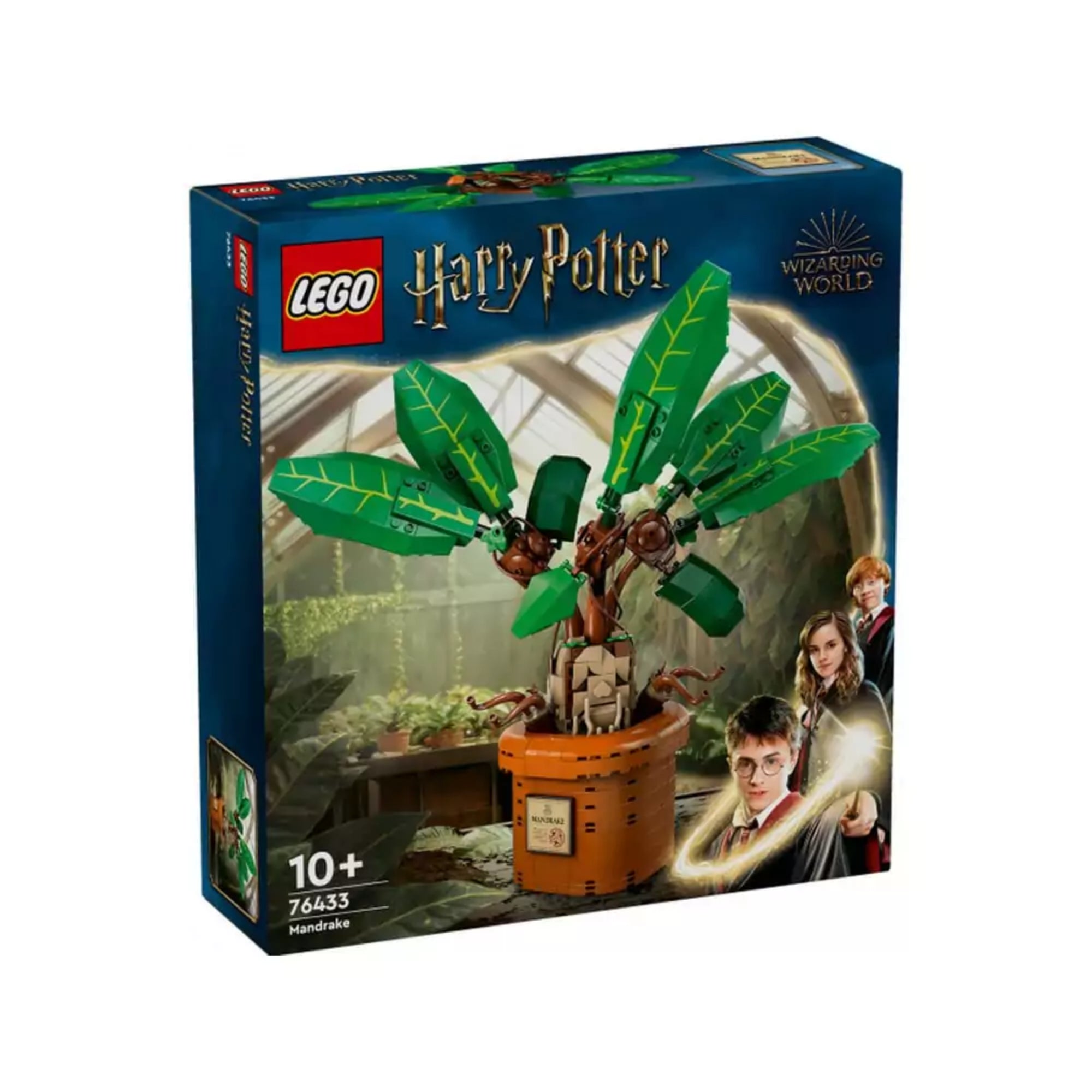 A LEGO Harry Potter Mandragóra (76433) készlet doboza, rajta a növény megépített modelljének képe, Harry, Hermione és Ron portréival a háttérben.