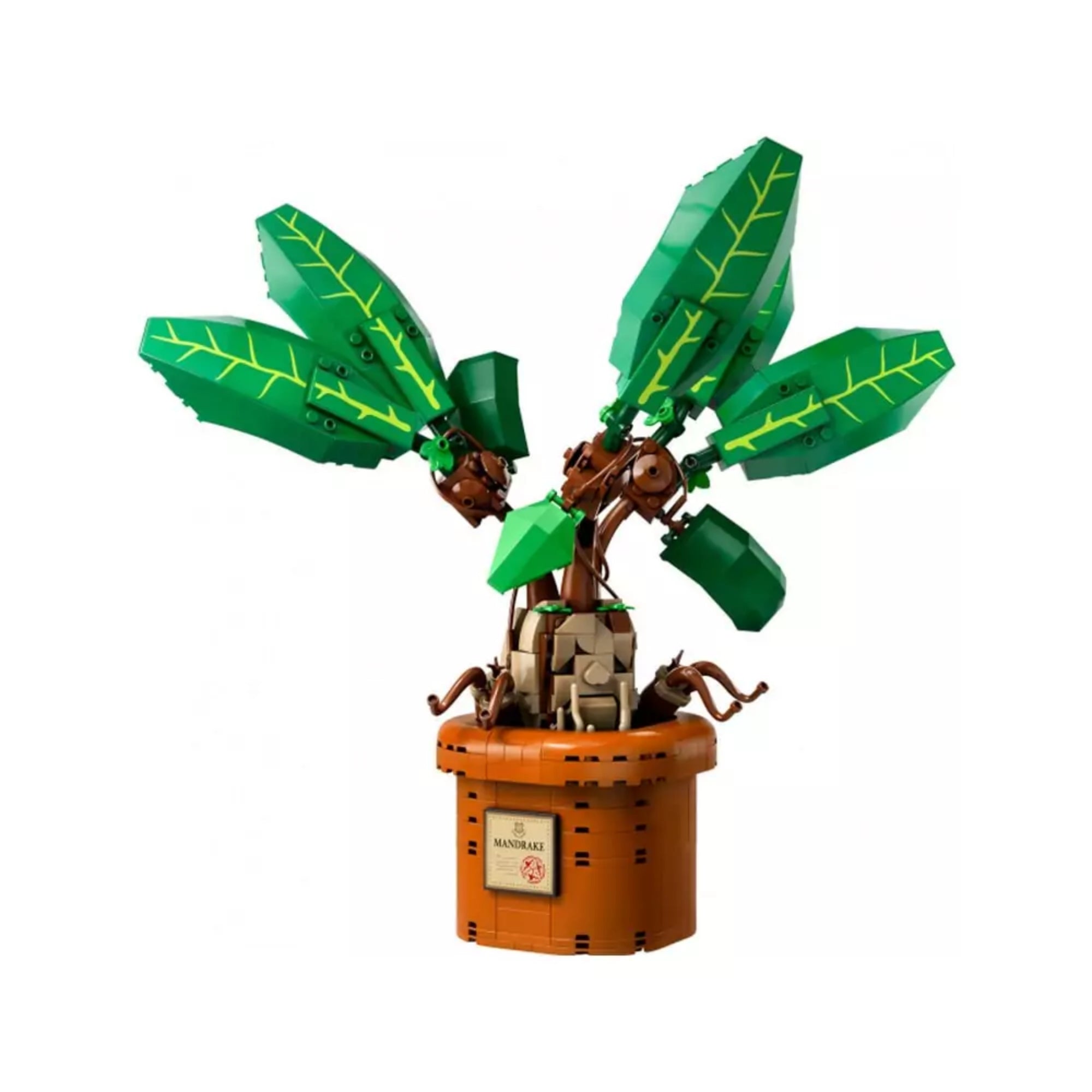 A LEGO Harry Potter Mandragóra (76433) teljesen összerakott modellje – egy barna virágcserépben ülő mandragóra növény hatalmas, zöld levelekkel és ágakkal.