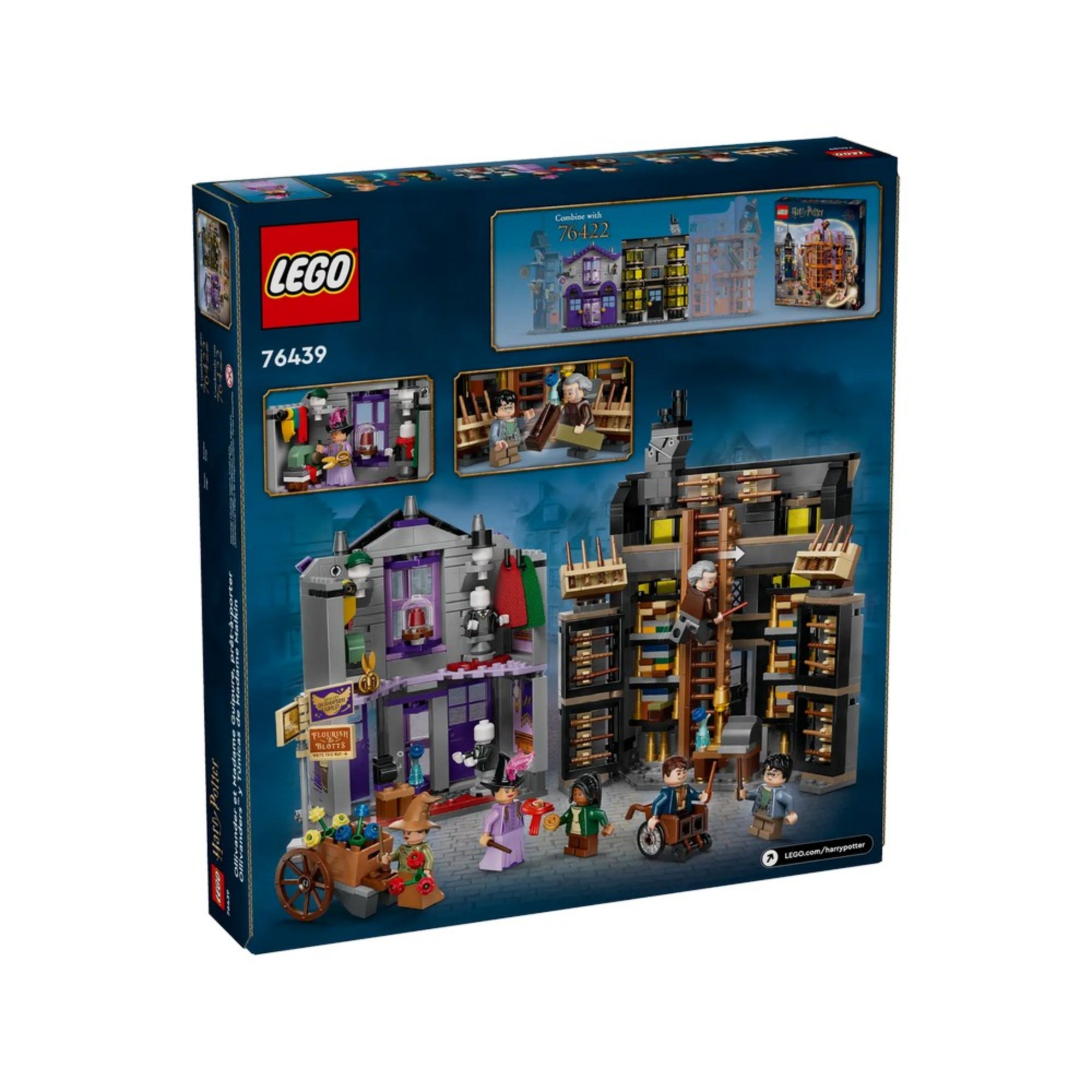 A LEGO Harry Potter Ollivander és Madam Malkin talárszabászata (76439) készlet dobozának hátoldala, a játékfunkciók és belső részletek bemutatásával.