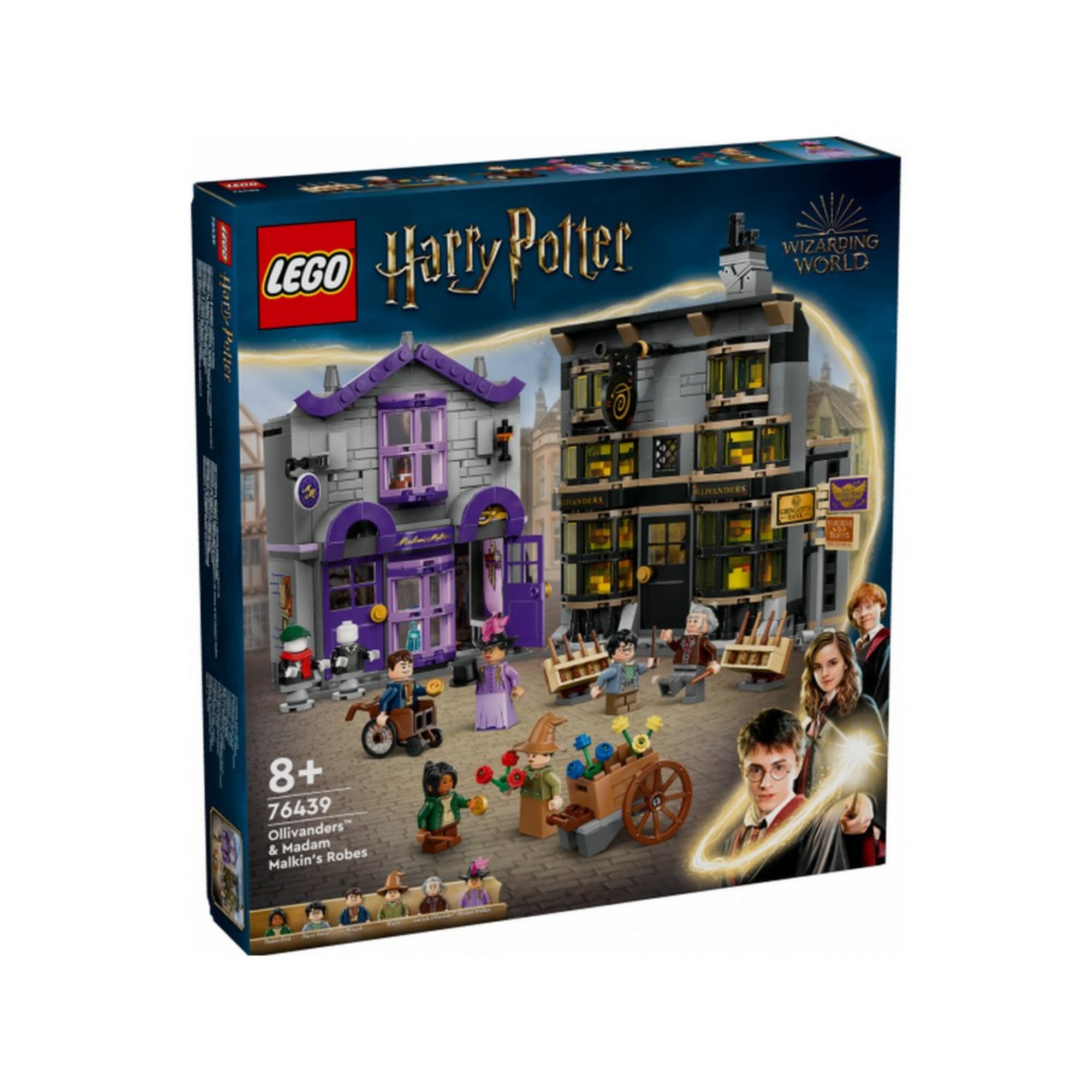 A LEGO Harry Potter 76439 szett hivatalos doboza, rajta Ollivander és Madam Malkin boltjainak részletes illusztrációjával és a hat minifigurával.