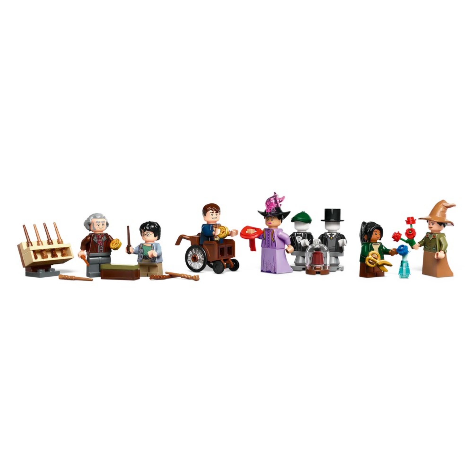 A LEGO Harry Potter 76439 készlet minifigurái: Harry Potter, Ollivander, Madam Malkin és további három szereplő, kiegészítőkkel együtt.