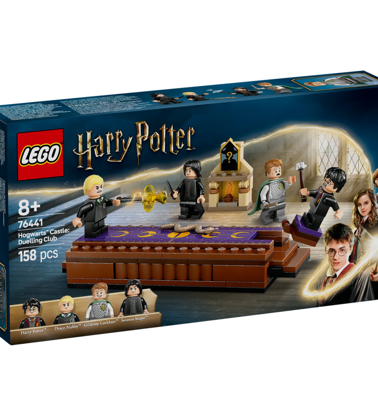 LEGO Harry Potter doboz, a Roxfort Kastély: Párbajszakkör készlettel, Harry Potter, Draco Malfoy, Gilderoy Lockhart és Perselus Piton minifigurákkal párbajozó jelenettel.