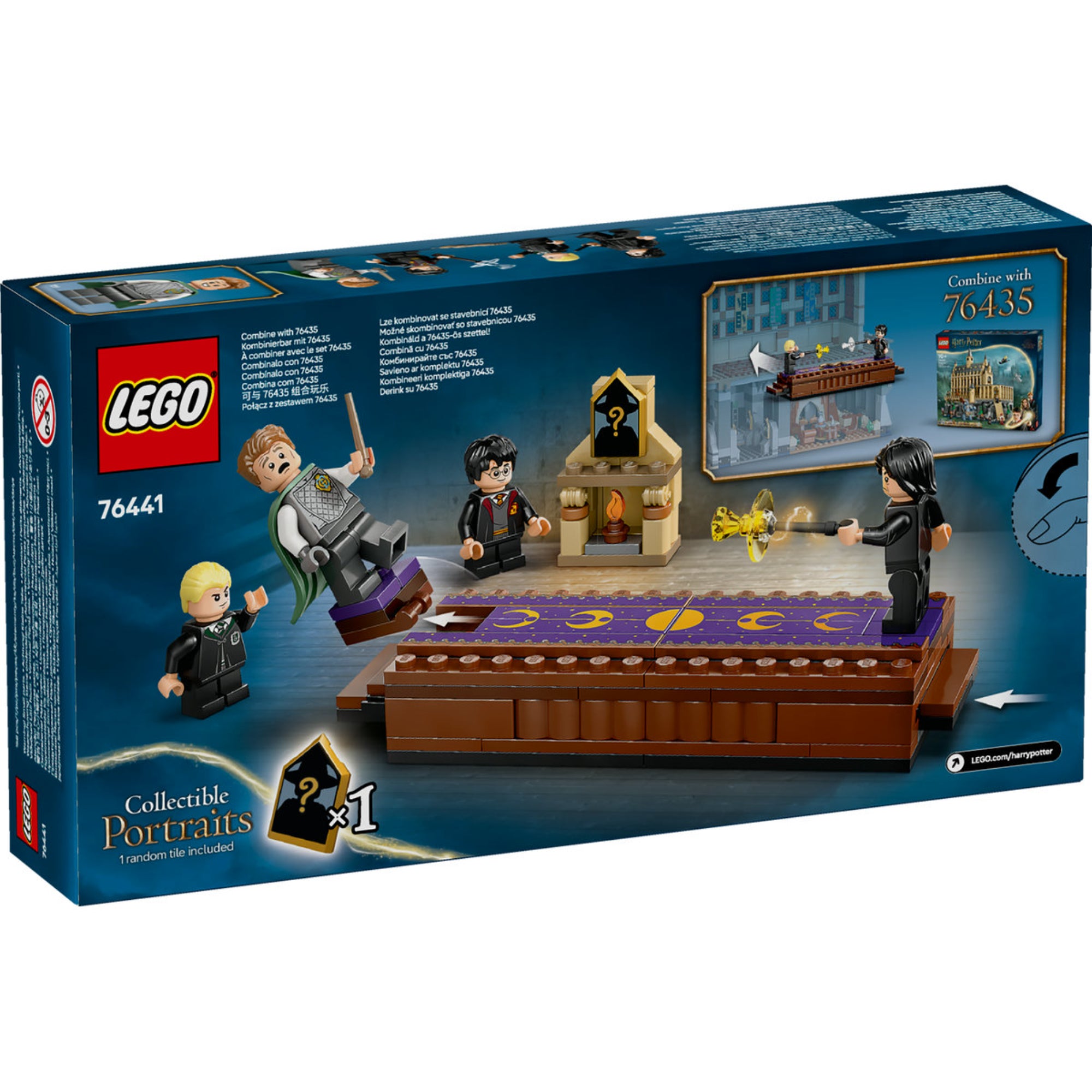 LEGO Harry Potter doboz, a Roxfort Kastély: Párbajszakkör készlettel, mely Harry Potter, Draco Malfoy, Gilderoy Lockhart és Perselus Piton minifigurákkal ábrázolja a varázsló párbajt.