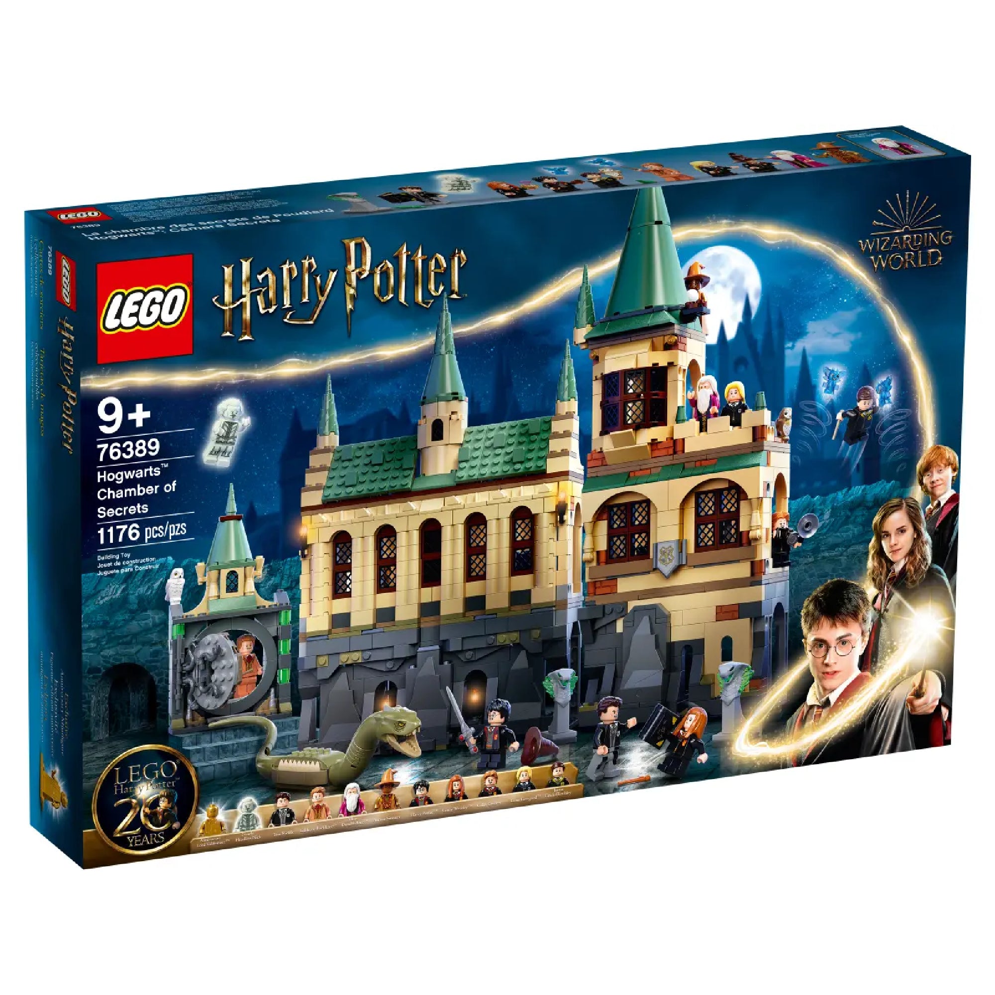 LEGO Harry Potter Roxfort Titkok Kamrája 76389 – a szett doboza 1176 elemmel, látványos Roxfort épülettel, Baziliszkusszal és karakterekkel illusztrálva.