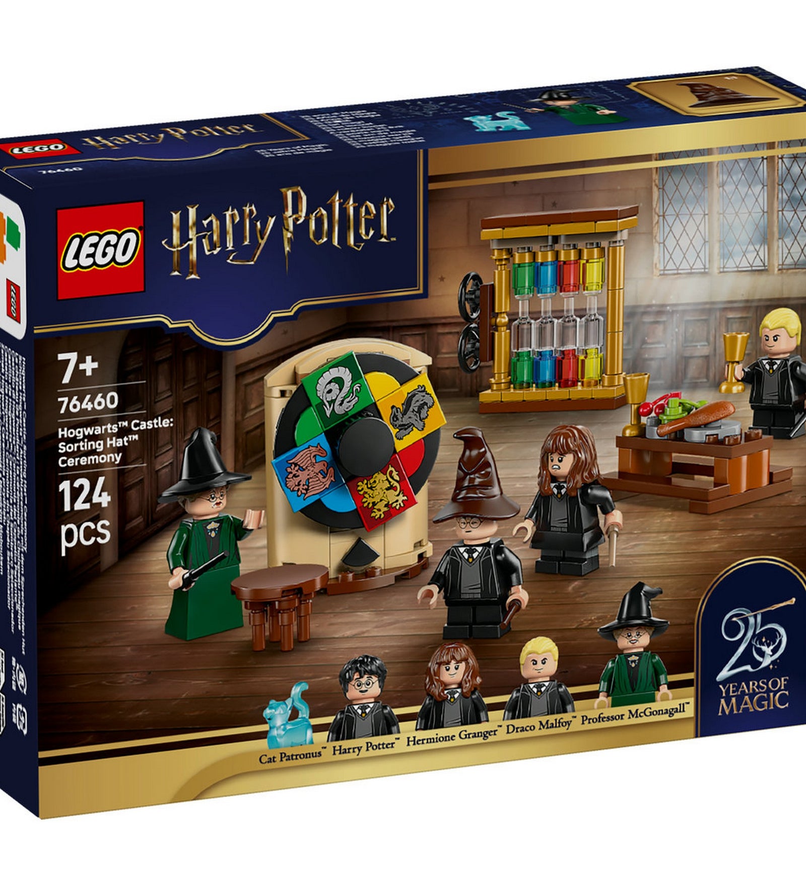 LEGO Harry Potter: Roxfort – A Teszlek Süveg ceremóniája 76460 – elölnézeti dobozkép, a Teszlek Süveg forgatható házcímerével.