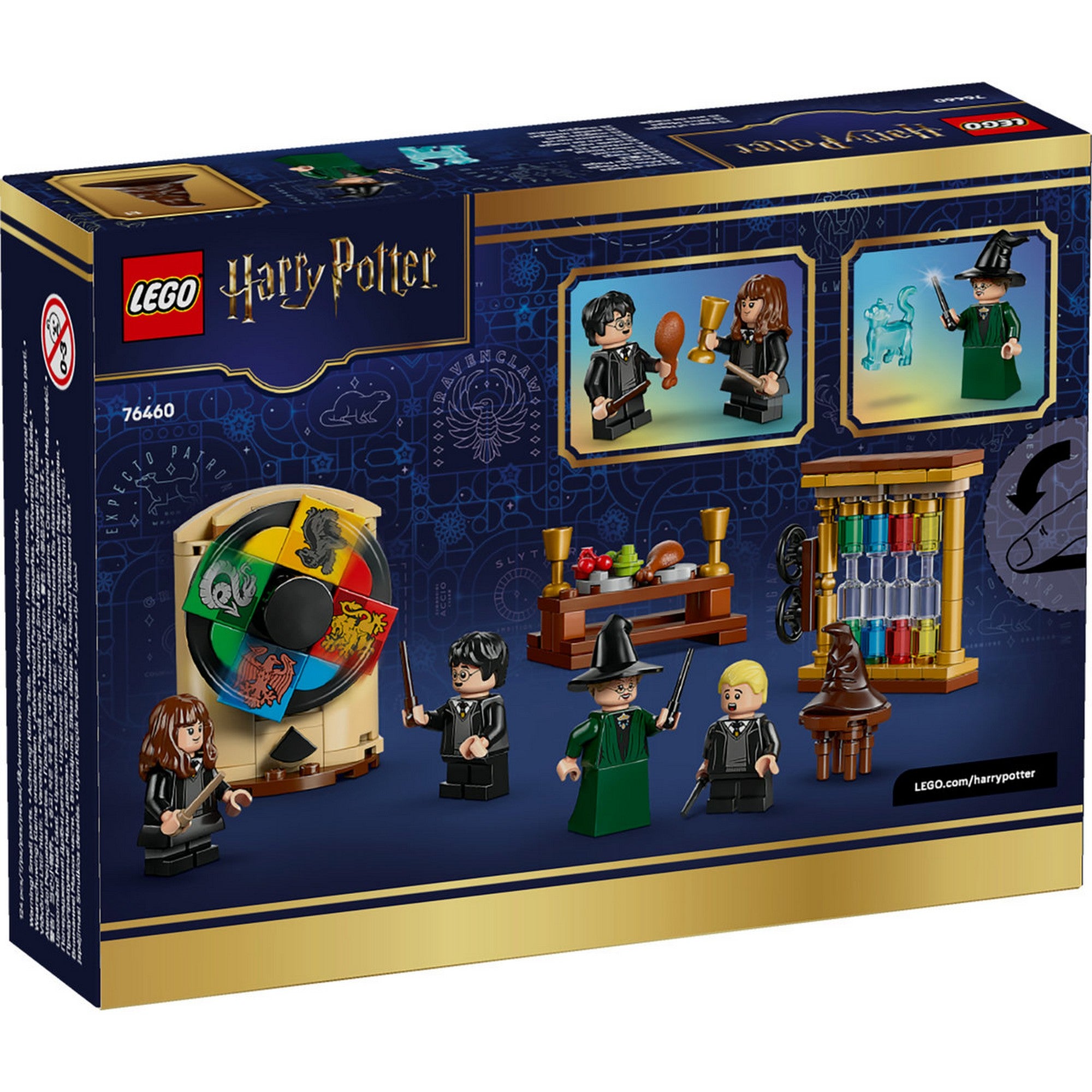 LEGO Harry Potter: Roxfort – A Teszlek Süveg ceremóniája 76460 – a készlet dobozának hátoldala, a játékfunkciók és jelenetek bemutatásával.