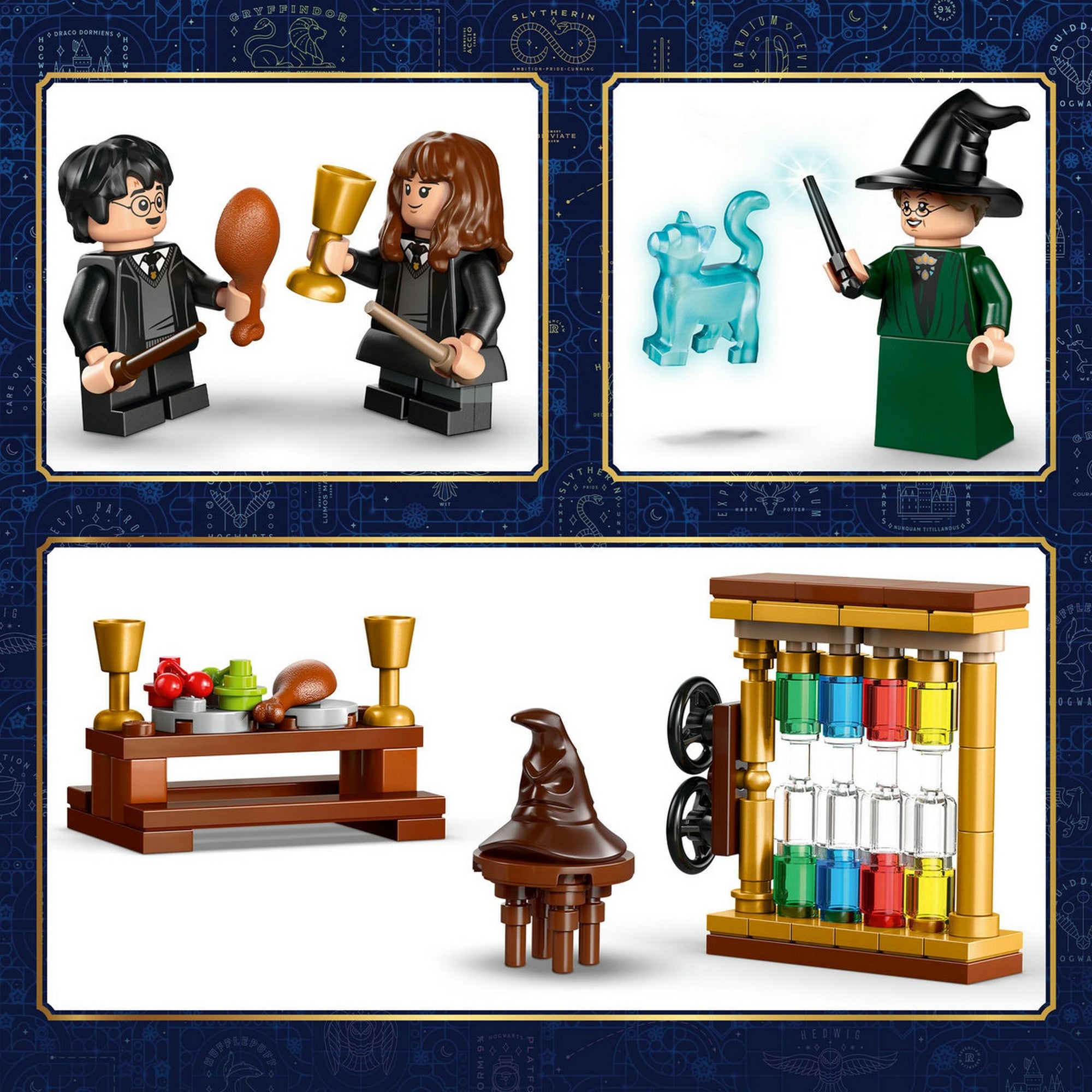 LEGO Harry Potter: Roxfort – A Teszlek Süveg ceremóniája 76460 – Harry Potter és Hermione Granger minifigurák kiegészítőkkel, varázslótárgyakkal.