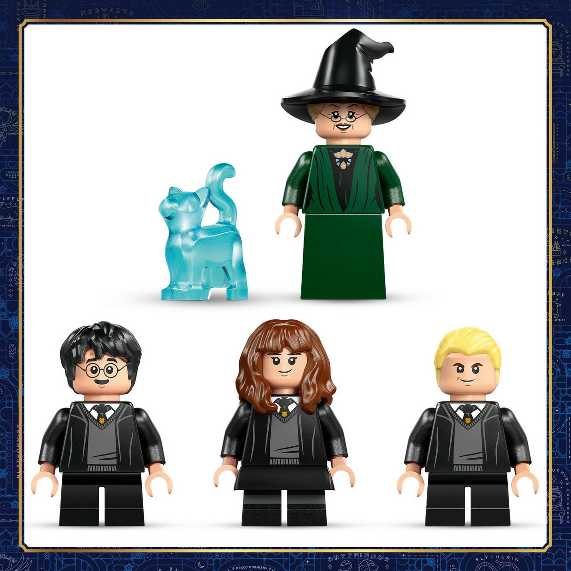 LEGO Harry Potter: Roxfort – A Teszlek Süveg ceremóniája 76460 – a minifigurák együtt, McGalagony professzor, diákok és macska patrónus.