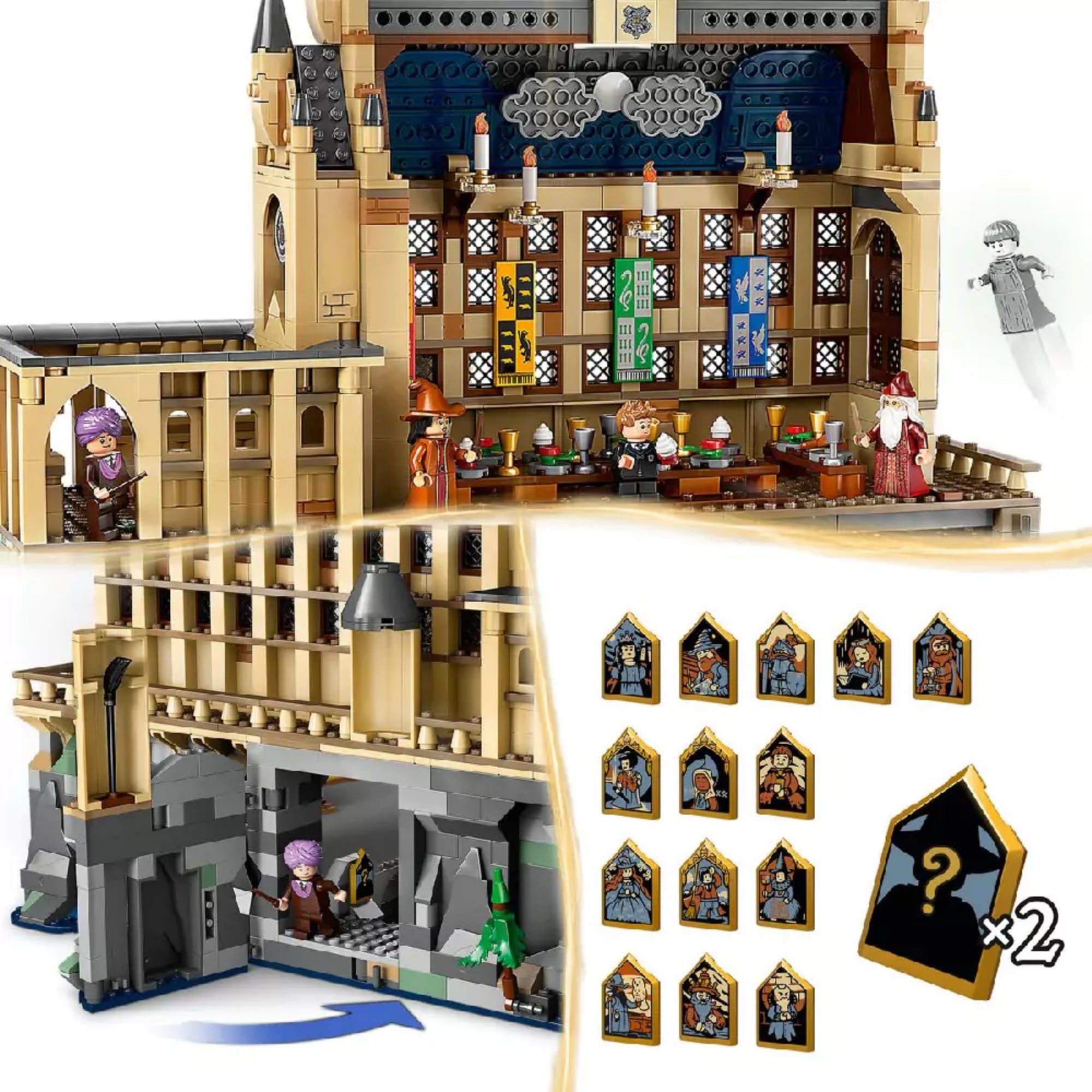  LEGO Roxfort nagyterem belső tere részletesen kidolgozott zászlókkal és asztalokkal, alagsori titkos rész, valamint 14 gyűjthető portrét ábrázoló kártya