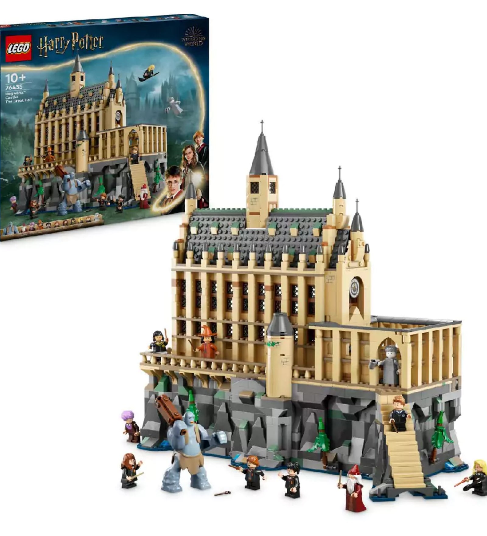 LEGO Harry Potter Roxfort kastély – A nagyterem (76435) készlet doboza és felépített modellje, ikonikus gótikus homlokzattal, minifigurákkal és trollal