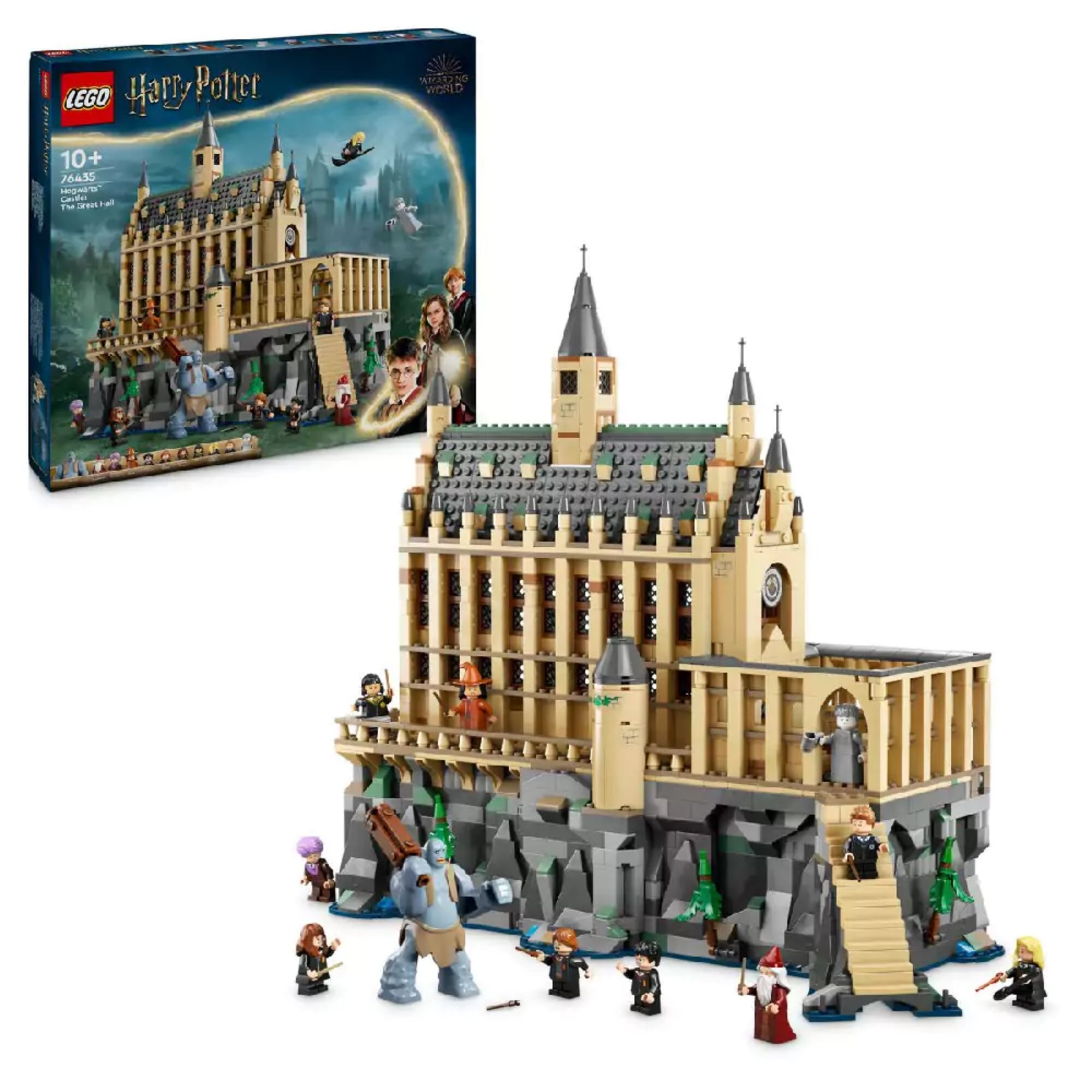 LEGO Harry Potter Roxfort kastély – A nagyterem (76435) készlet doboza és felépített modellje, ikonikus gótikus homlokzattal, minifigurákkal és trollal