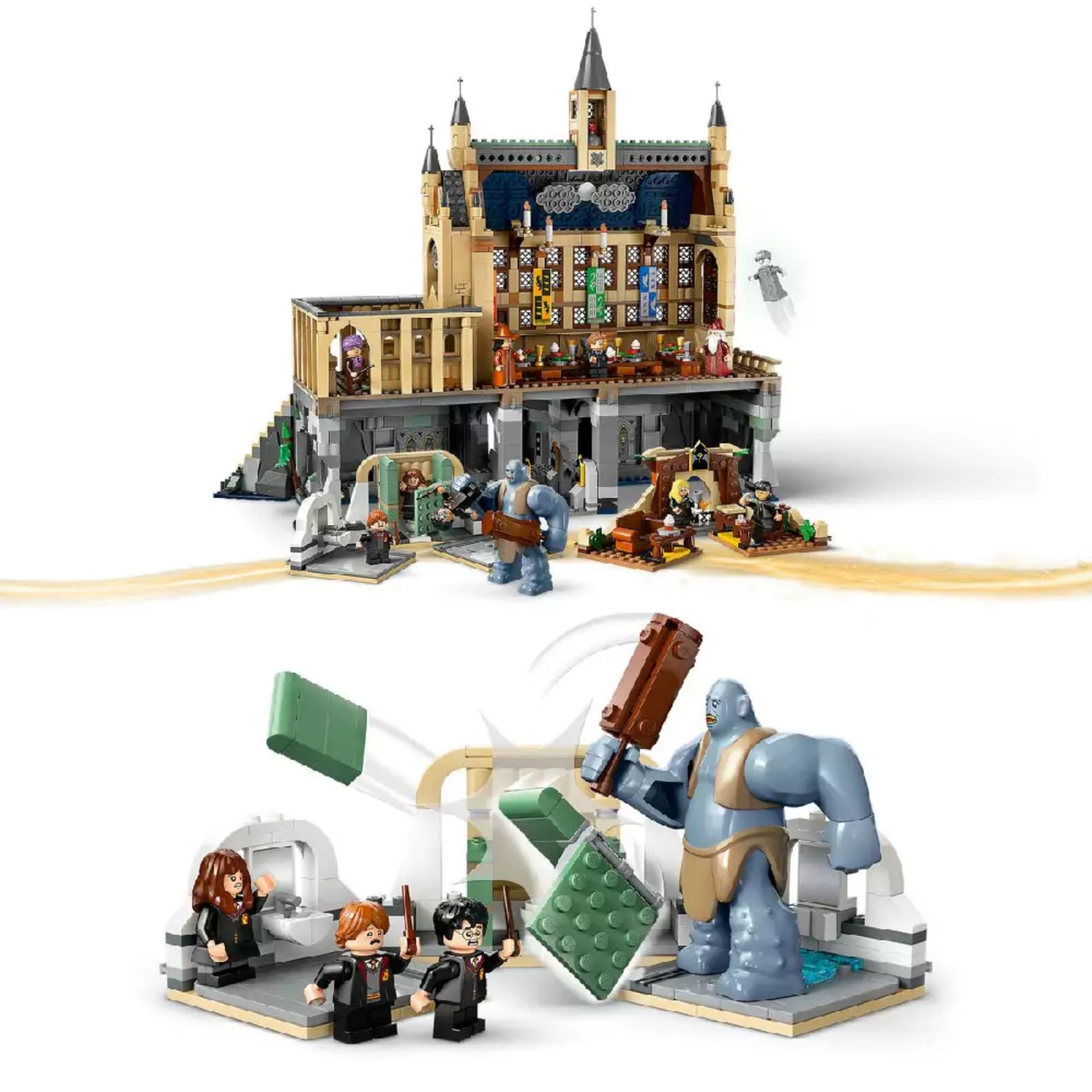 A LEGO Roxfort kastély készlet funkcionális játékjelenetei, például a troll támadás jelenete, valamint a nagyterem hátulnézetből, interaktív részletekkel