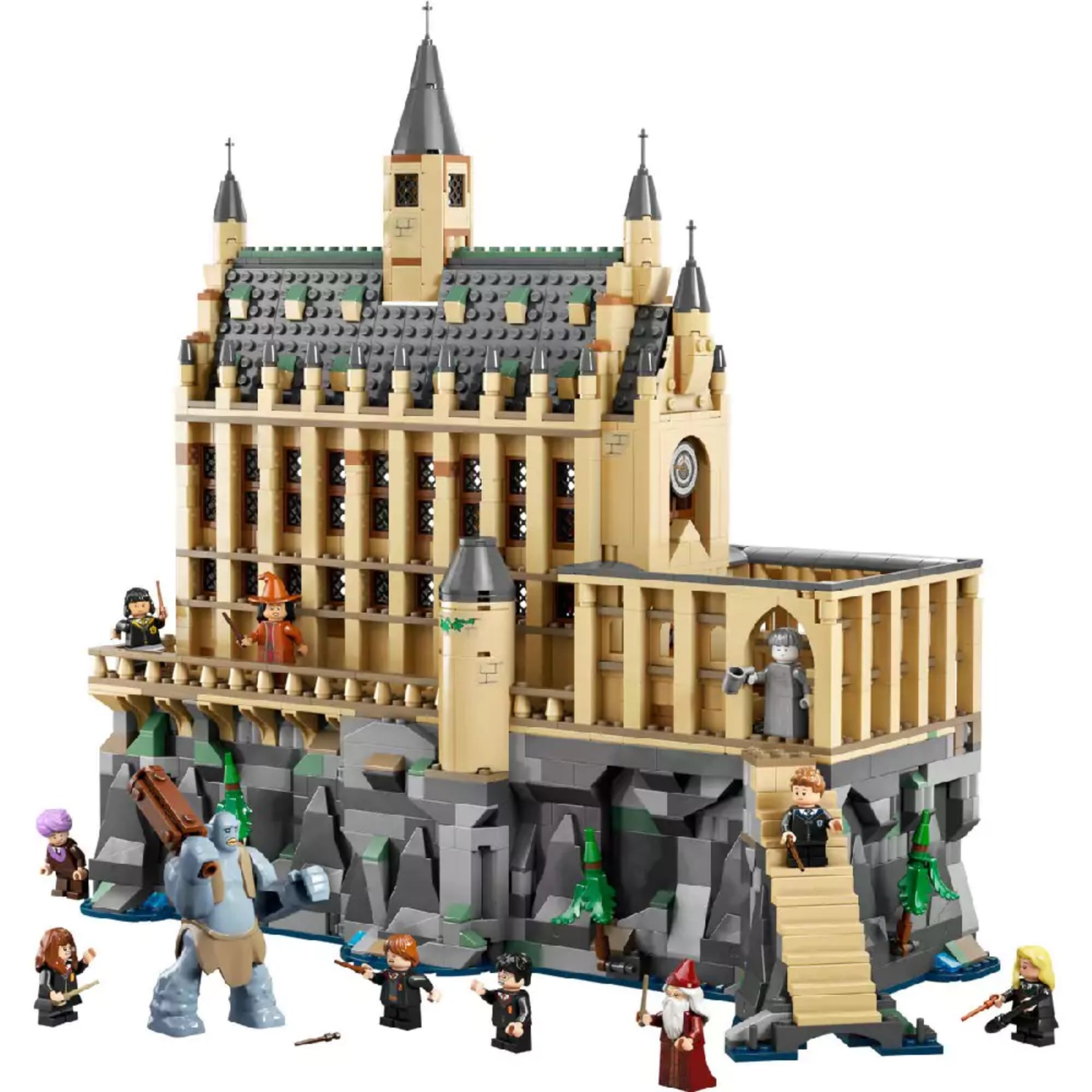 Teljes LEGO Roxfort kastély nagyterem építmény, 10 minifigurával, köztük Harry, Ron, Hermione, Dumbledore, Piton, McGalagony és a barlangi troll