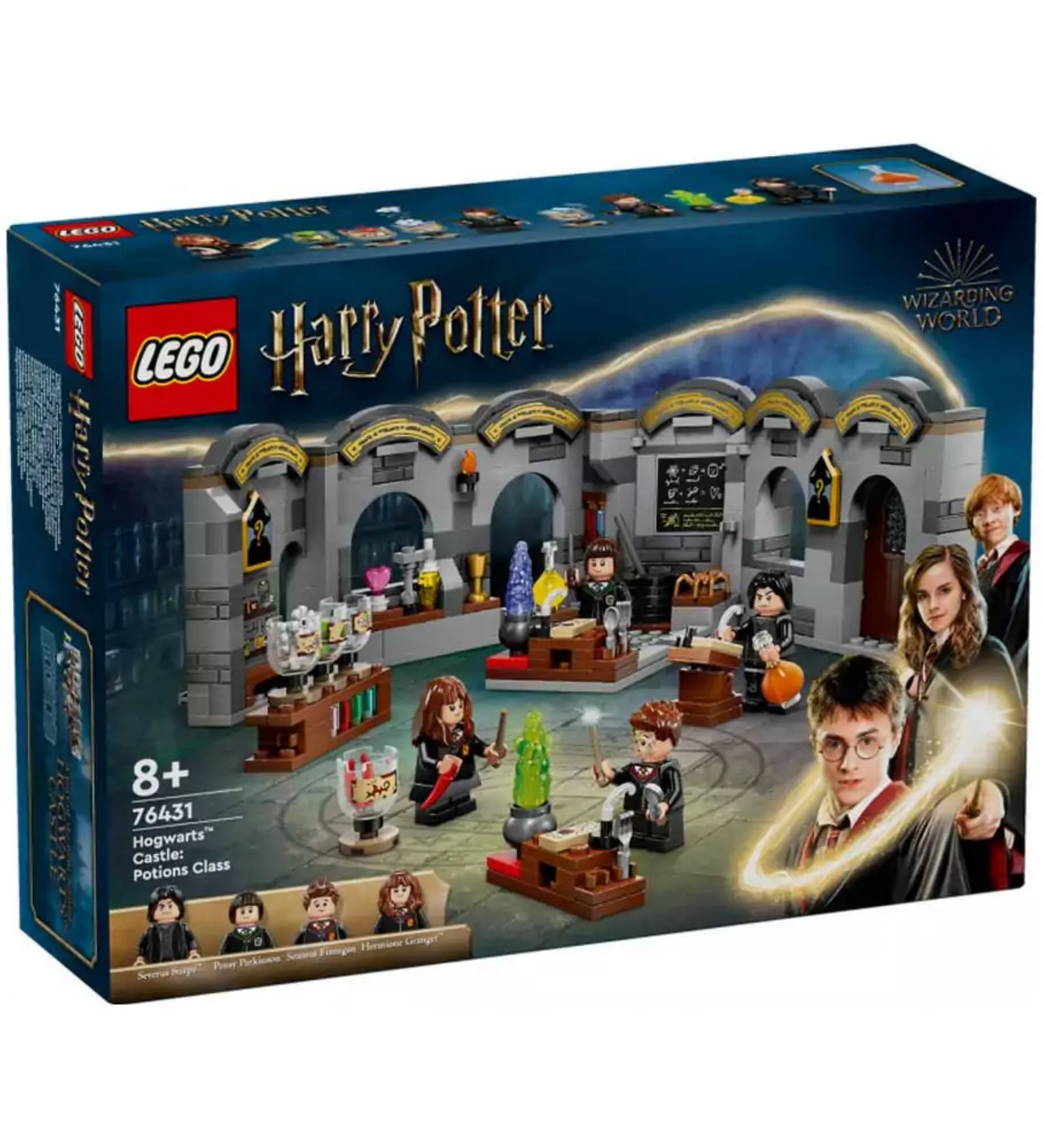 LEGO Harry Potter Roxfort kastély: Bájtaltan óra (76431) szett doboza, elöl a bájitaltan terem jelenetével, varázslókkal és bájitalos kellékekkel, jobb oldalon Harry, Hermione és Ron karakterképei, a doboz alján a négy mellékelt minifigura látható.