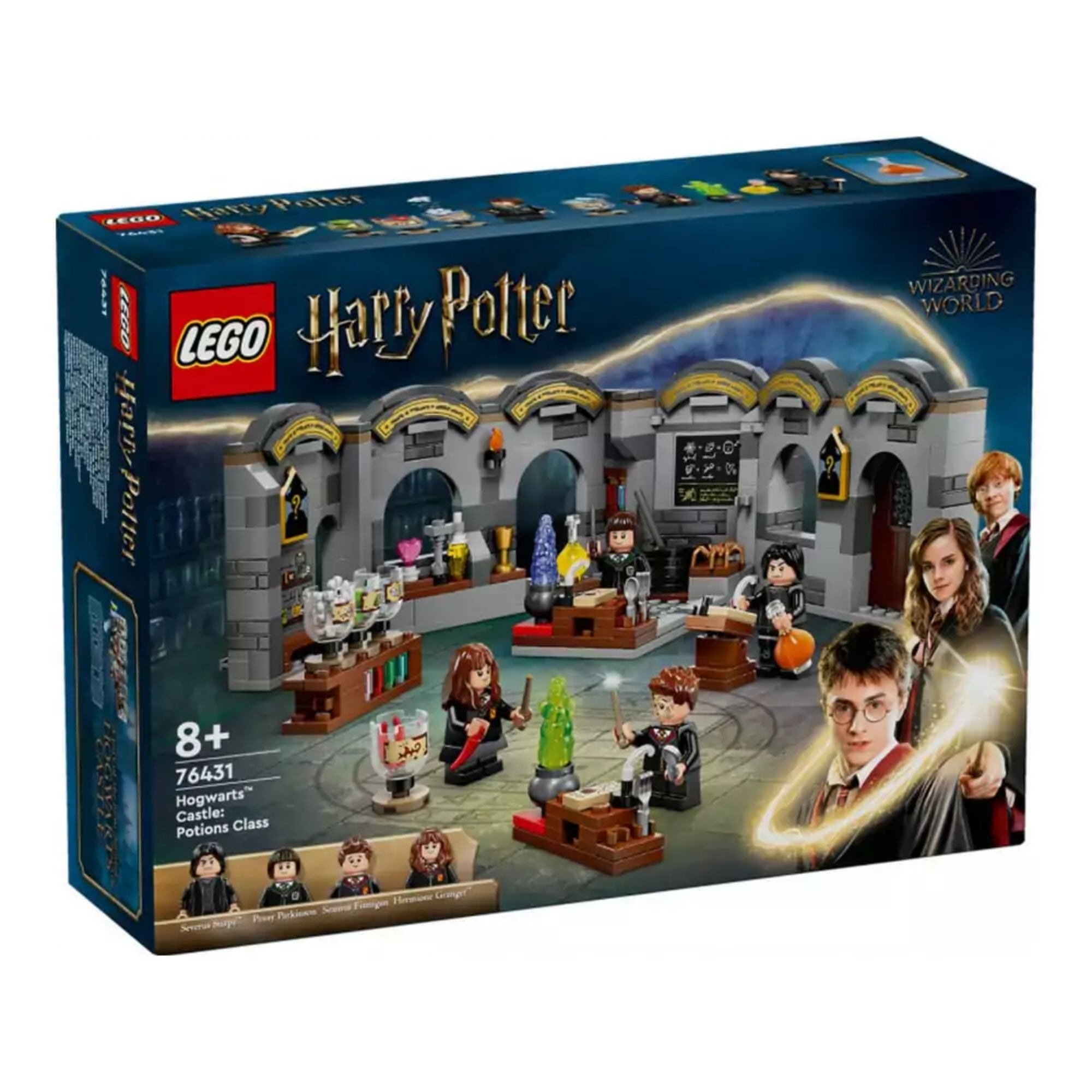 LEGO Harry Potter Roxfort kastély: Bájtaltan óra (76431) szett doboza, elöl a bájitaltan terem jelenetével, varázslókkal és bájitalos kellékekkel, jobb oldalon Harry, Hermione és Ron karakterképei, a doboz alján a négy mellékelt minifigura látható.