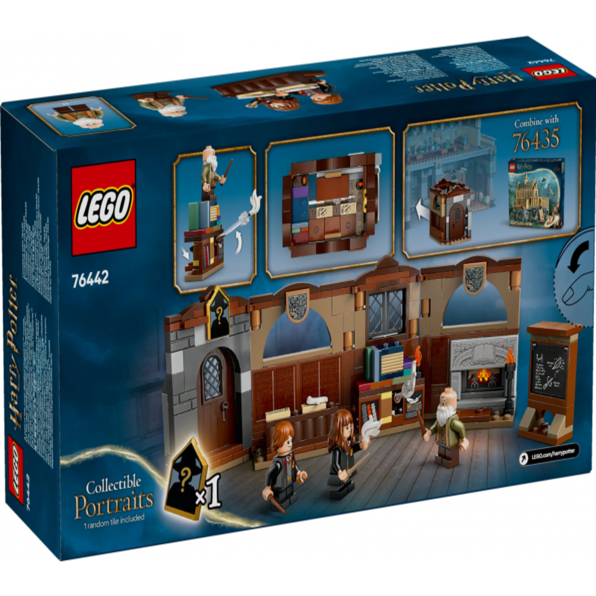 A LEGO Harry Potter, Roxfort kastély Bűbájtanóra 76442 csomagolása, bemutatva a kibontható osztályterem belső terét, amely tartalmazza Ron Weasley, Hermione Granger és Flitwick professzor minifigurákat. A doboz emellett felhívja a figyelmet arra, hogy ez a készlet összekombinálható a 76435 szettel a teljes Hogwarts kastély megépítéséhez.