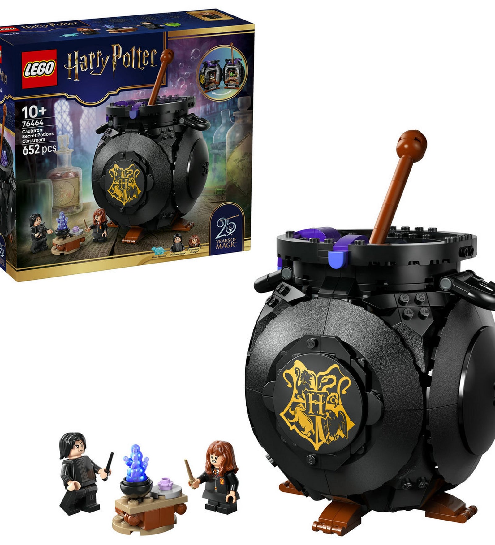 LEGO Harry Potter: Varázsfőzetek titkos tanterme 76464 – a teljes készlet kibontva, a varázsüst, tantermi kiegészítők és minifigurák együtt.