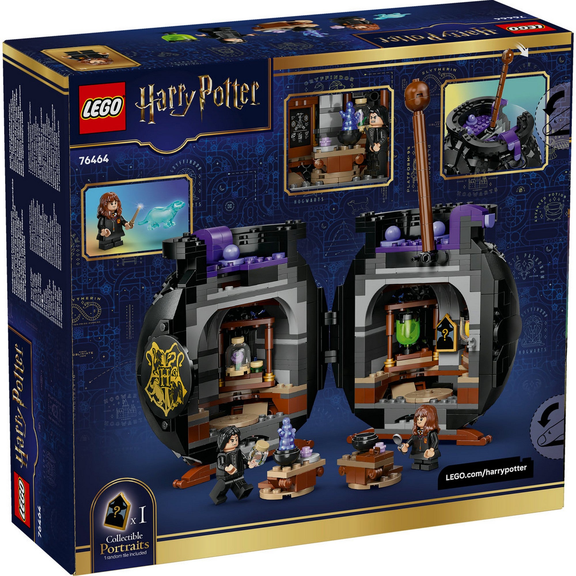 LEGO Harry Potter: Varázsfőzetek titkos tanterme 76464 – a doboz hátoldala, a kinyitható varázsüst belső tantermi jeleneteivel.