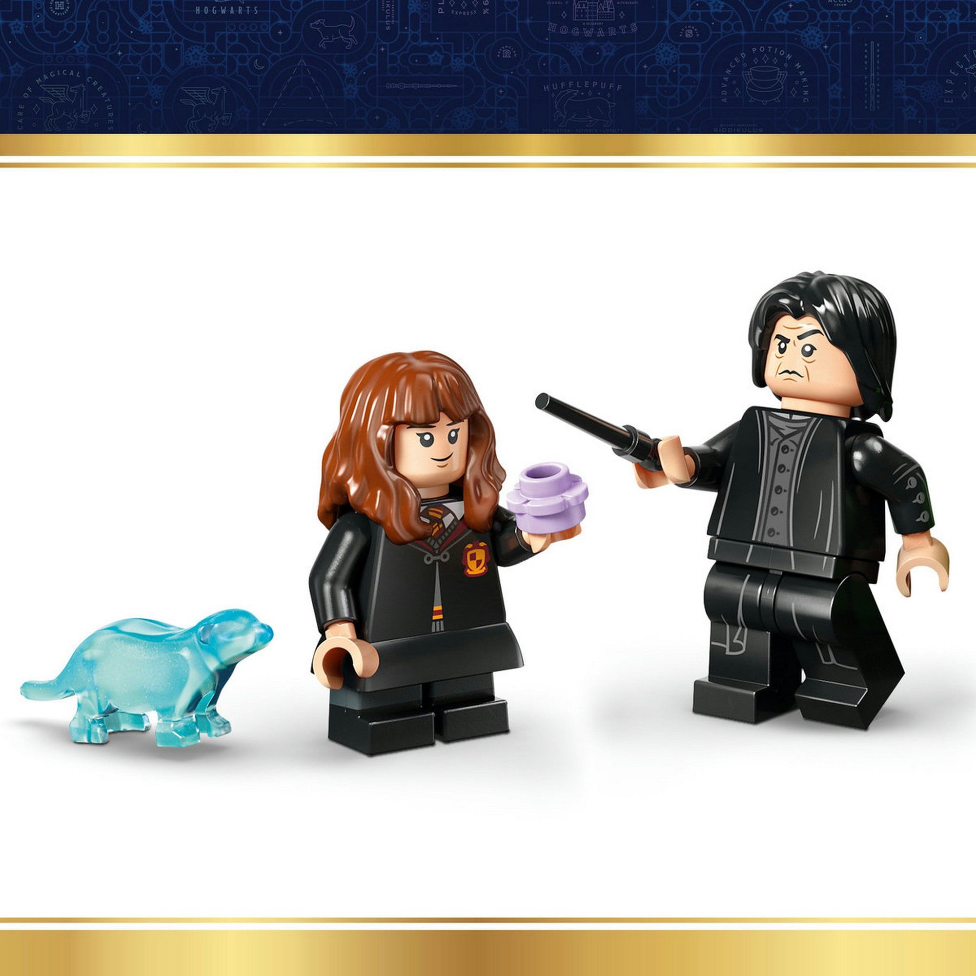 LEGO Harry Potter: Varázsfőzetek titkos tanterme 76464 – Hermione Granger és Perselus Piton minifigurák, valamint az állatformájú patrónus.