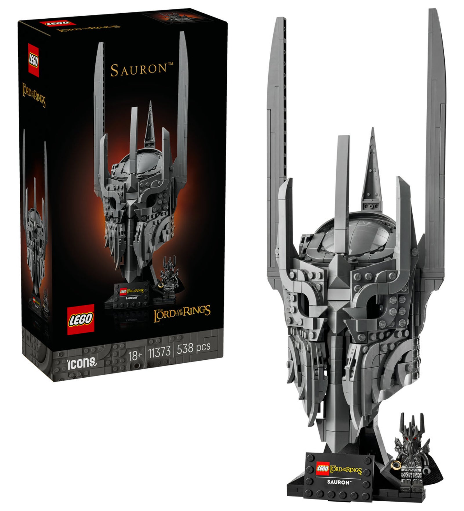 LEGO Icons 10373 Sauron™ készlet doboza és az összeépített Sauron sisak modell minifigurával.