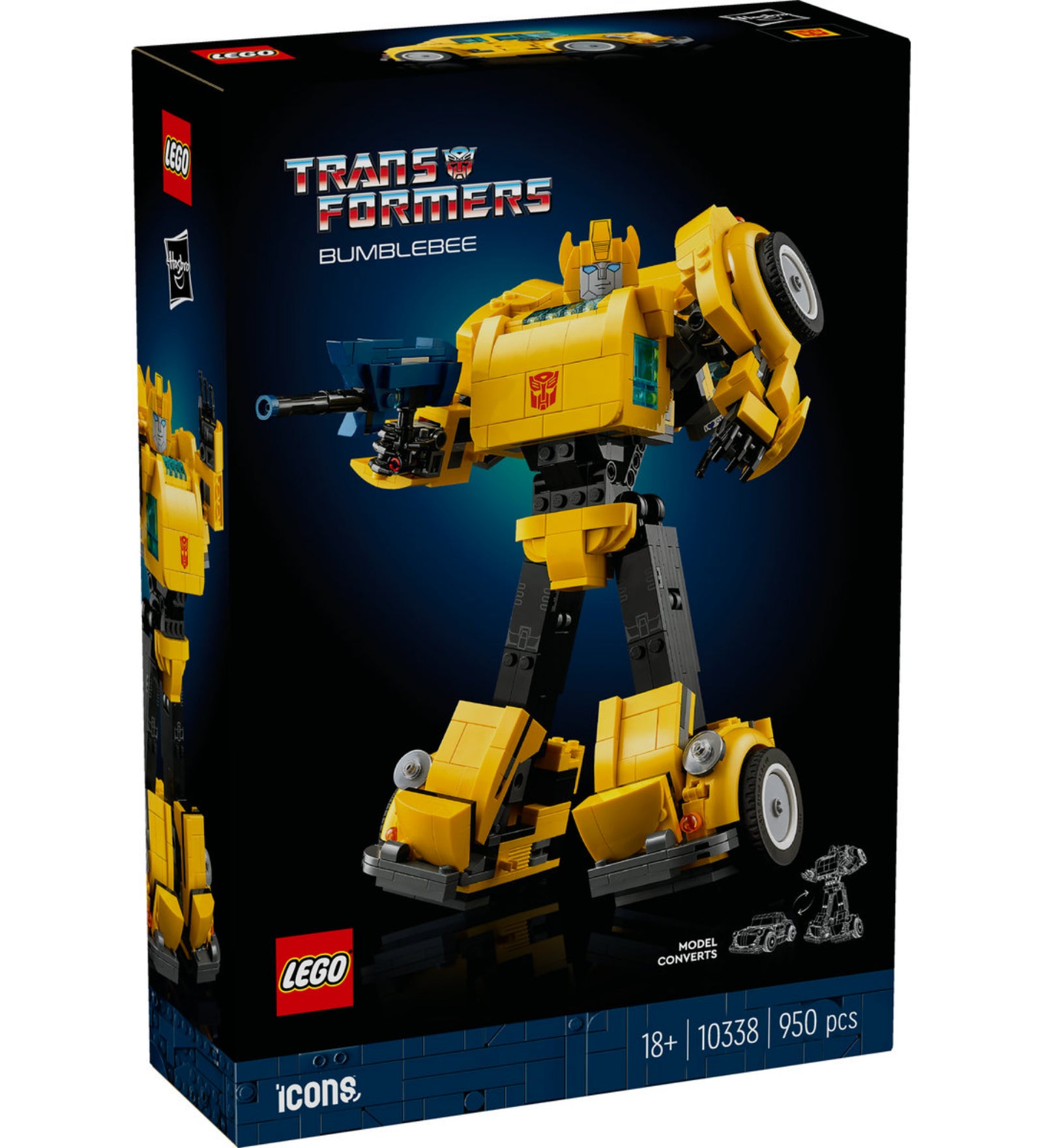 A LEGO Icons Bumblebee (10338) készlet doboza, rajta a robot formájú Bumblebee ábrázolása fekete háttéren, 18+ korosztályi ajánlással.