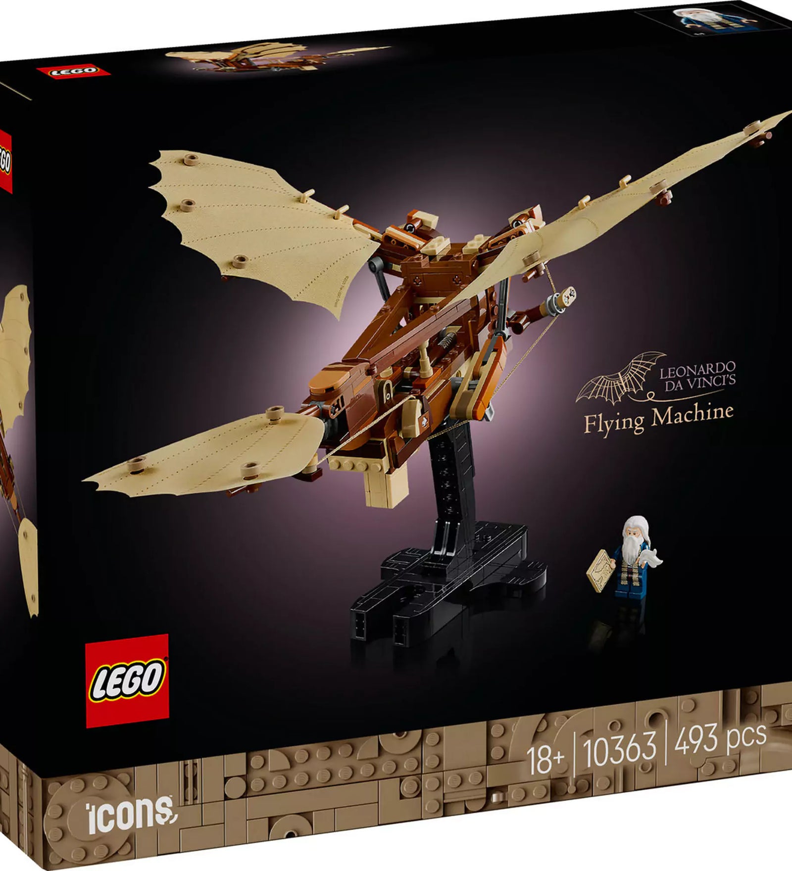 LEGO Icons (Creator Expert) Leonardo da Vinci Repülőgépe (10363) készlet doboza, amely az ornitopter lenyűgöző modelljét, mozgó szárnyakat és részletes mechanizmust ábrázol.