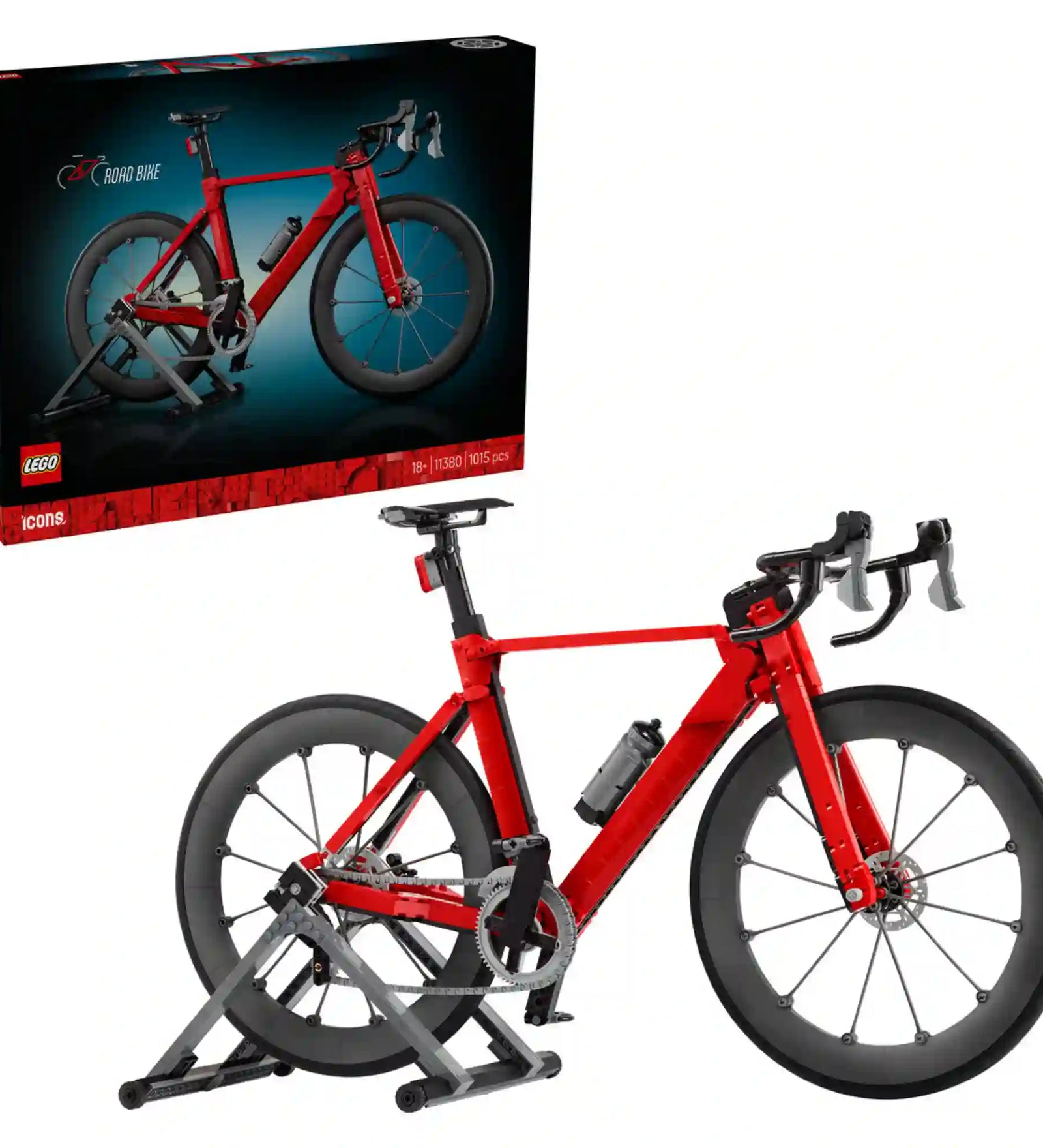 LEGO Icons Road Bike (11380) készlet dobozképe és a megépített piros országúti kerékpár modell bemutatása tartóállvánnyal, részletgazdag vázzal és kerékpáros kiegészítőkkel.