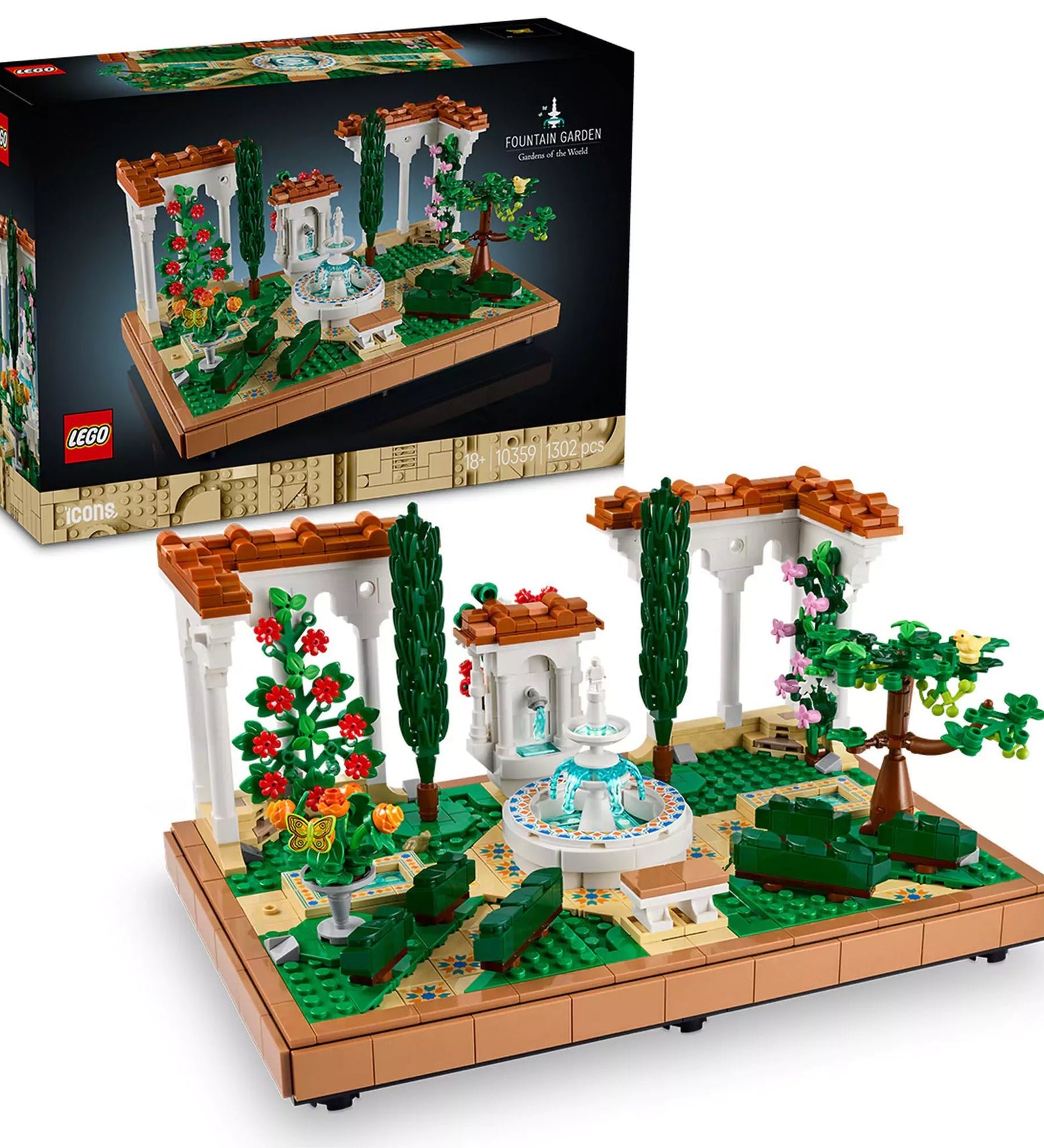LEGO Icons (Creator Expert) Szökőkutas kert (10359) építőkészlet bemutatása, amely tartalmaz egy részletesen kidolgozott szökőkutat, fehér oszlopos pergolákat, élénk színű virágokat, fákat és dekoratív csempéket, tökéletes dekorációként otthonra vagy irodába.