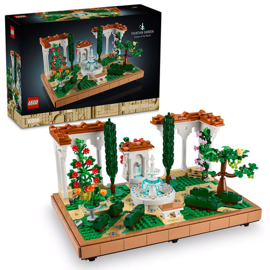 LEGO Icons (Creator Expert) Szökőkutas kert (10359) építőkészlet bemutatása, amely tartalmaz egy részletesen kidolgozott szökőkutat, fehér oszlopos pergolákat, élénk színű virágokat, fákat és dekoratív csempéket, tökéletes dekorációként otthonra vagy irodába.