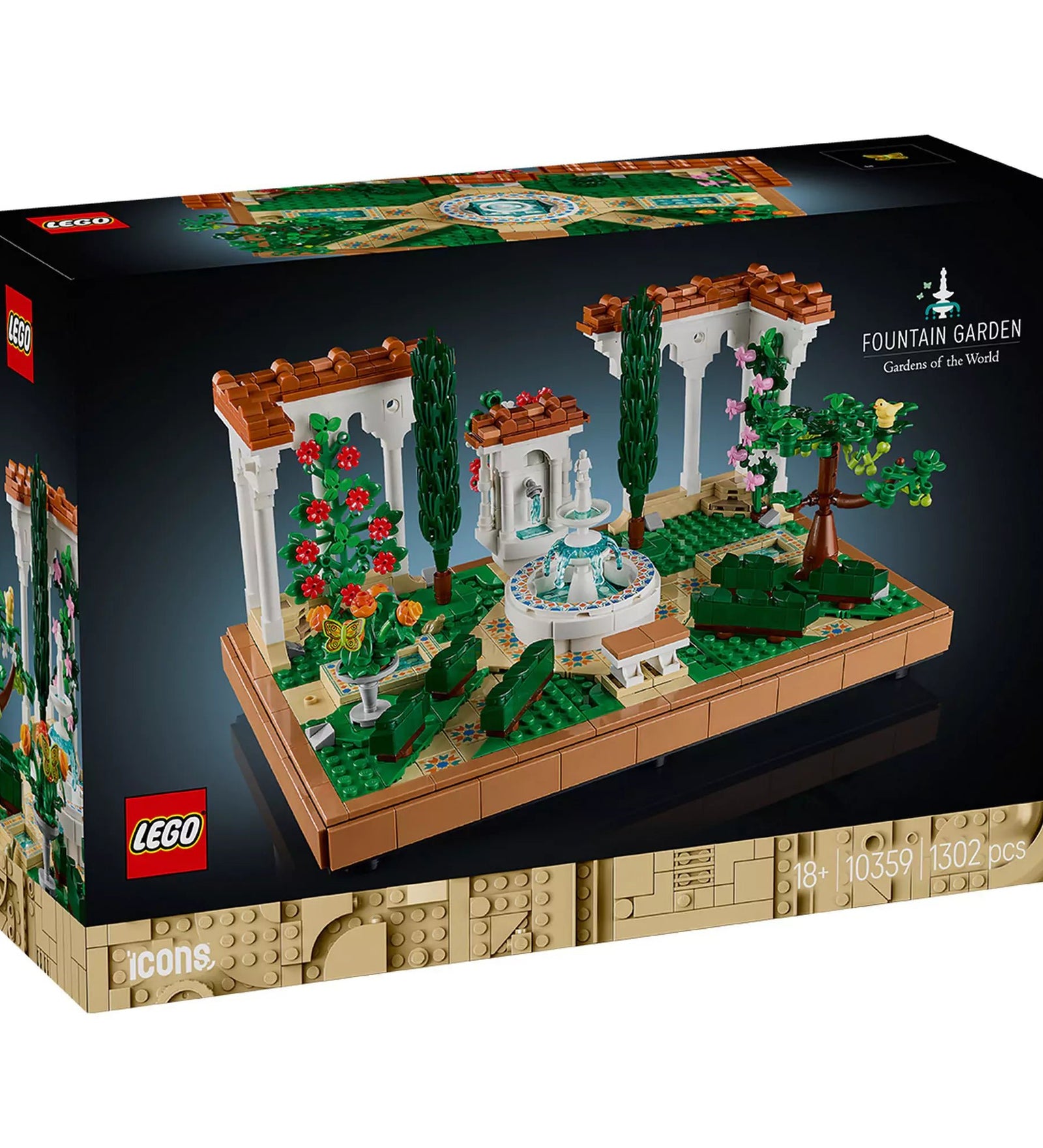 LEGO Icons (Creator Expert) Szökőkutas kert (10359) dobozkép, amely egy gyönyörű, elegáns kertet mutat be többszintes szökőkúttal, virágokkal, fákkal és dekoratív elemekkel.