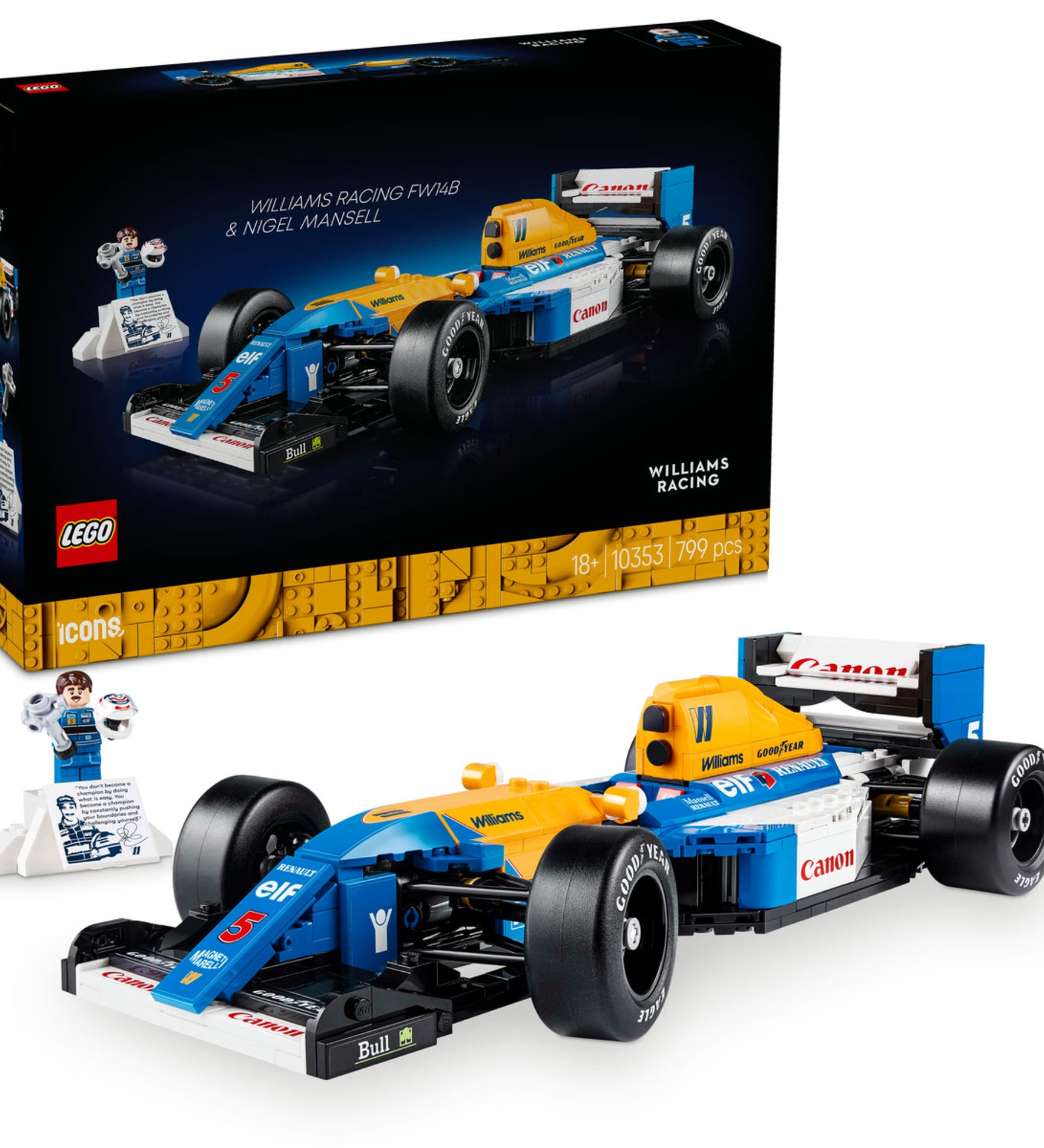 A LEGO Icons Williams Racing FW14B & Nigel Mansell (10353) készlet doboza és az összerakott Forma–1-es modell. Az ikonikus kék-sárga versenyautó részletes kidolgozású, Goodyear gumikat, működő kormányzást és egy minifigurát tartalmaz, amely egy pódium-stílusú kiállítóállványon helyezhető el.