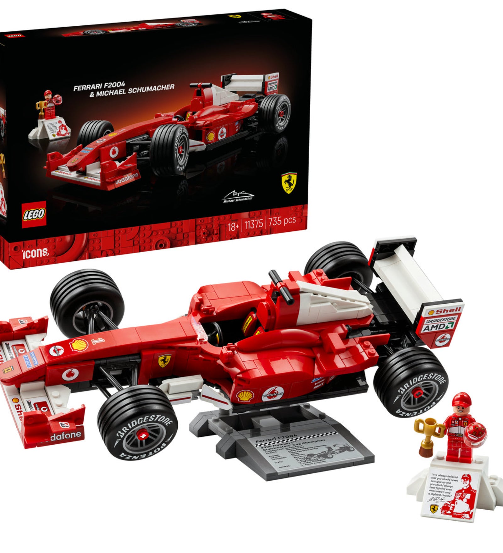 LEGO Icons 10375 Ferrari F2004 & Michael Schumacher készlet doboza és az összeépített Ferrari F1 versenyautó modell talapzattal és minifigurával.