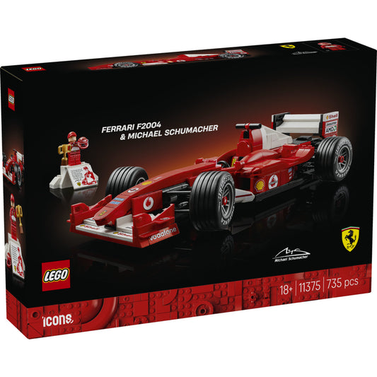 LEGO Icons 10375 Ferrari F2004 & Michael Schumacher dobozkép, részletes Ferrari F1 versenyautó modellel.