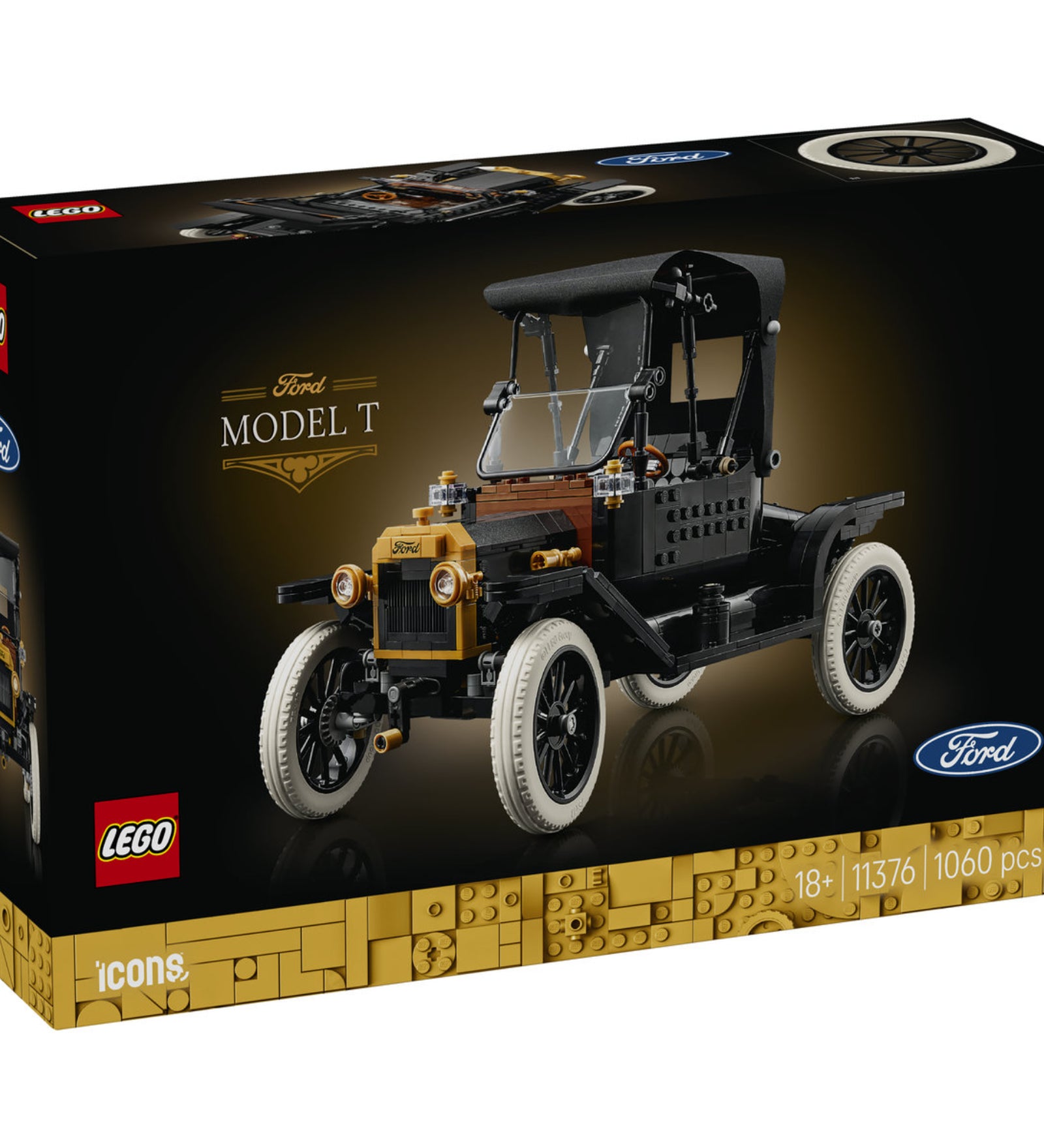 LEGO Icons Ford Model T 11376 készlet dobozának eleje a klasszikus Ford Model T LEGO modell képével.