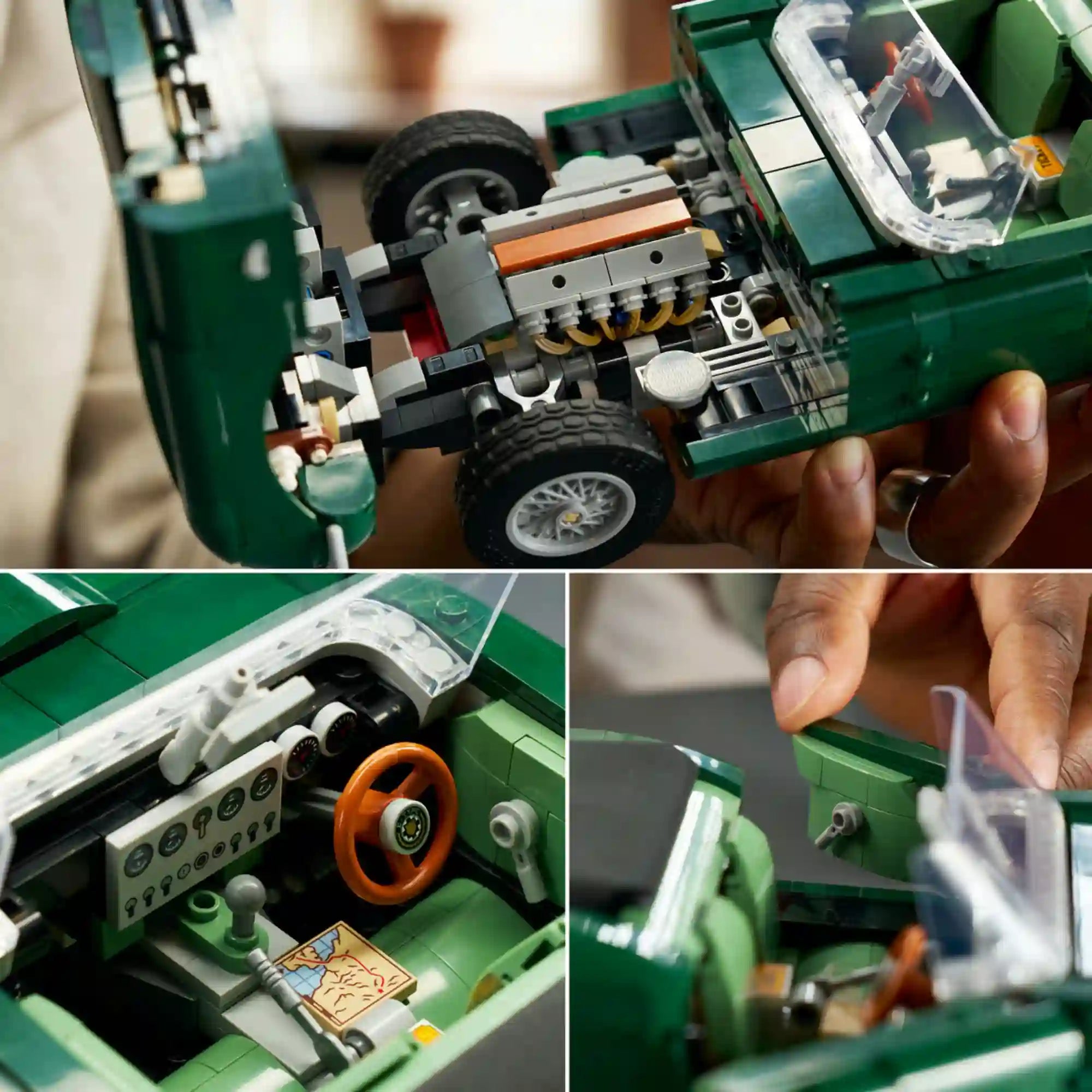 A LEGO Icons Jaguar E-Type 11381 működő részletei: nyitható motorháztető, részletgazdag műszerfal és levehető keménytető.