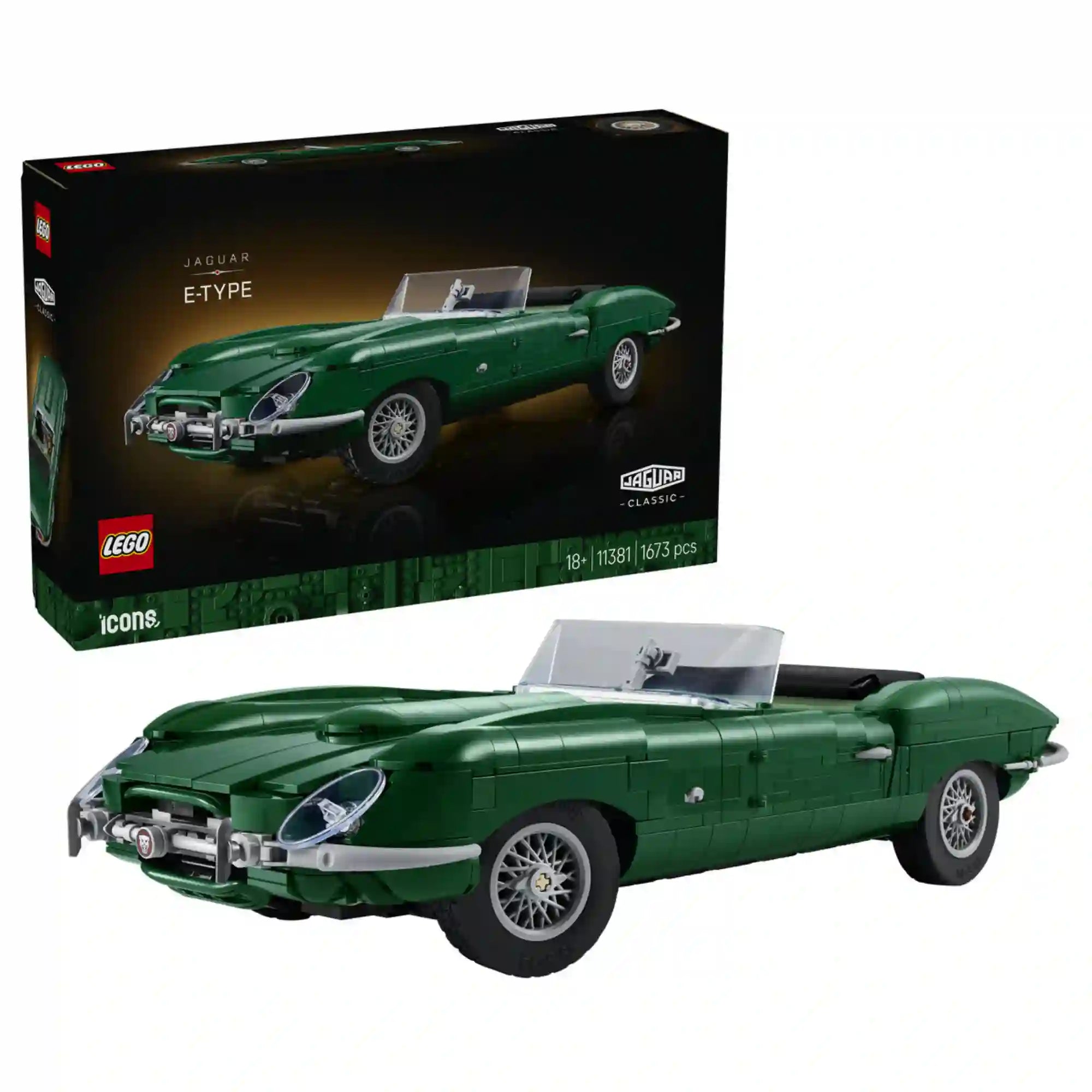 A LEGO Icons Jaguar E-Type 11381 épített autója a készlet dobozával együtt.