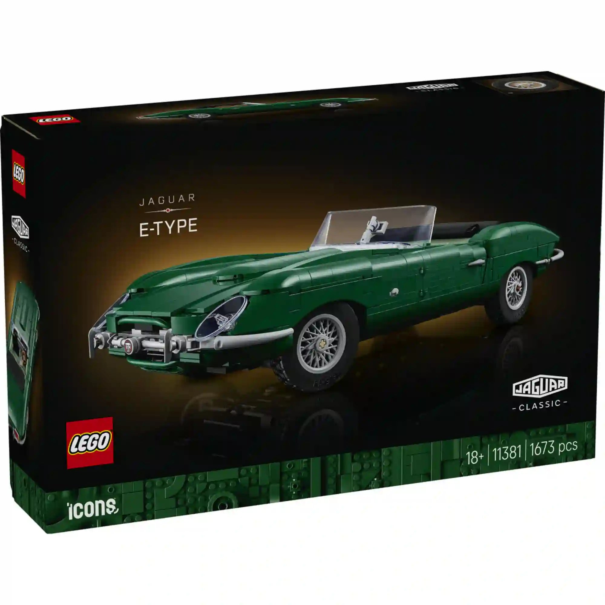 A LEGO Icons Jaguar E-Type 11381 dobozának eleje a klasszikus Jaguar E-Type modellel.