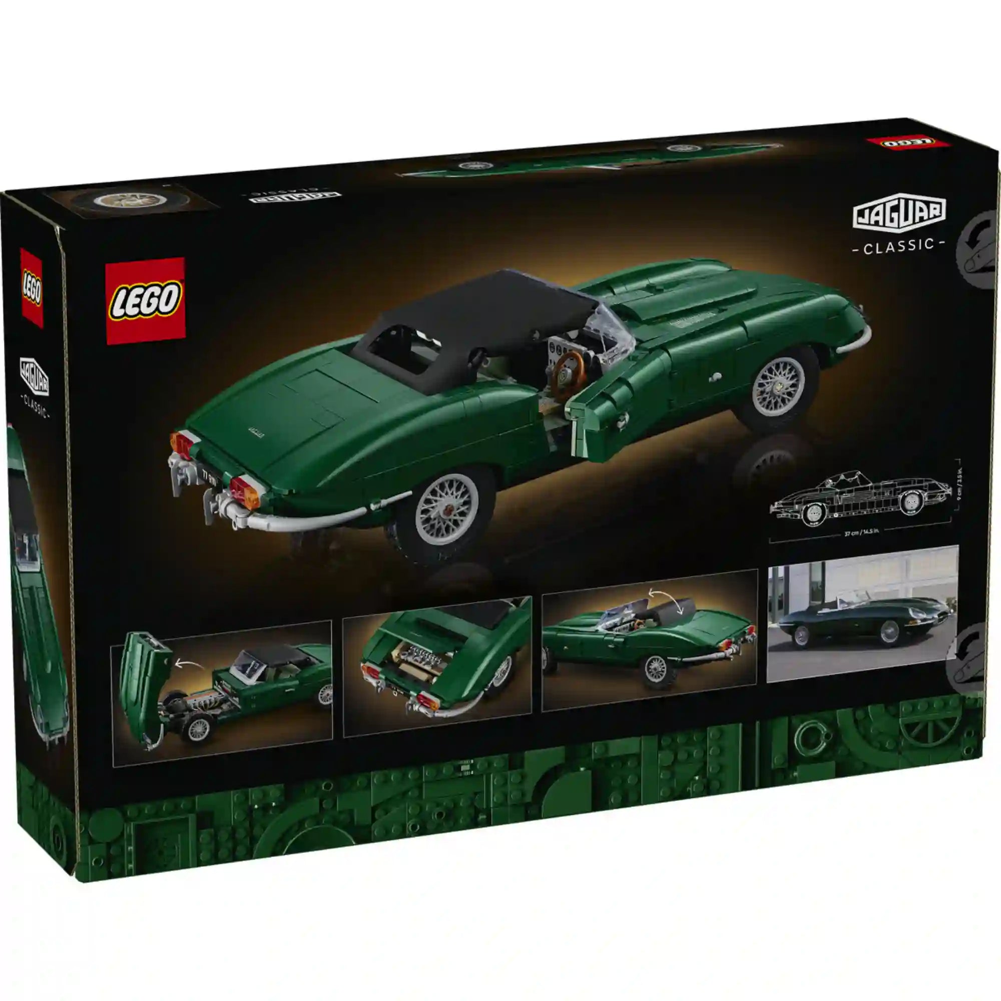 A LEGO Icons Jaguar E-Type 11381 dobozának hátoldala, amely bemutatja a nyitható motorháztetőt, a csomagtartót és a részletgazdag belső teret.