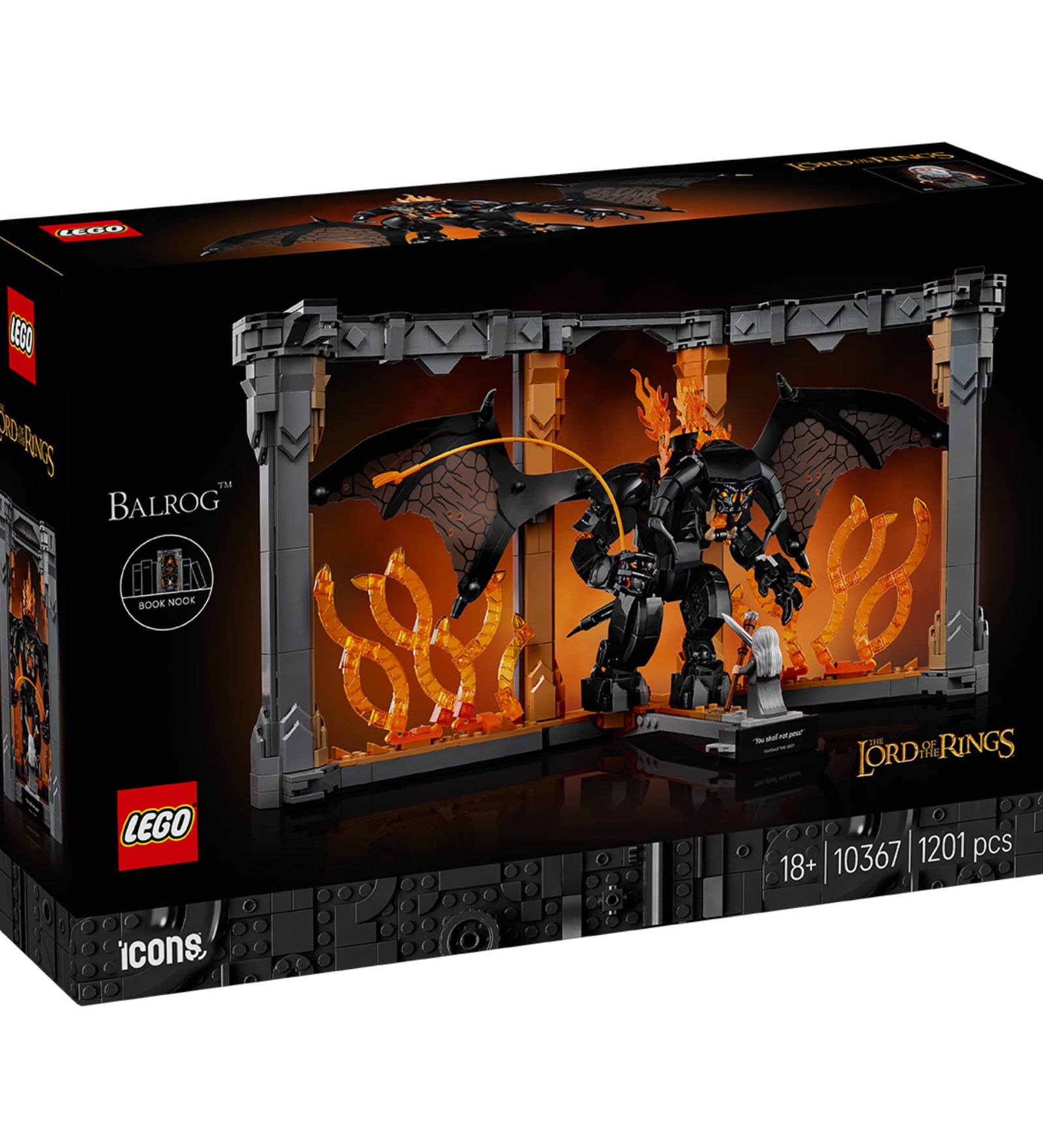 LEGO Icons The Lord of the Rings: Balrog (10367) dobozkép előlnézet – A sötét háttér előtt ábrázolt ikonikus csatajelenet a Móriában.