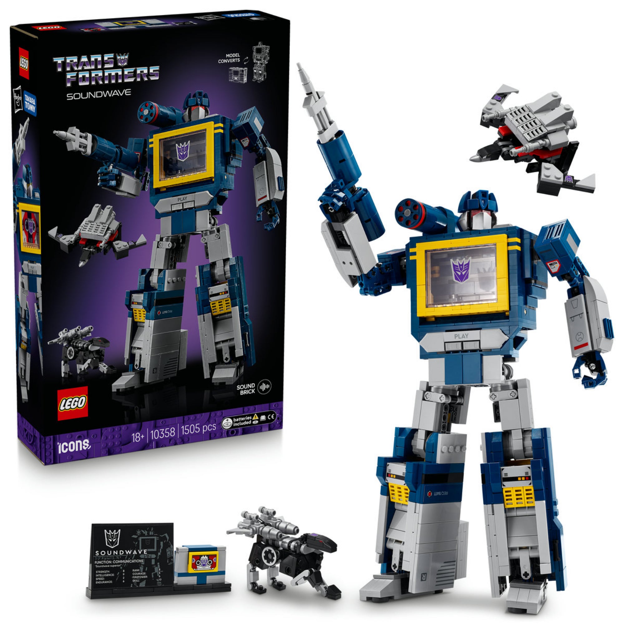 A LEGO Icons Transformers Fülelő (10358) készlet a dobozzal együtt látható, a robot teljes felszerelésével és az apró mellékfigurákkal, modern háttérben.