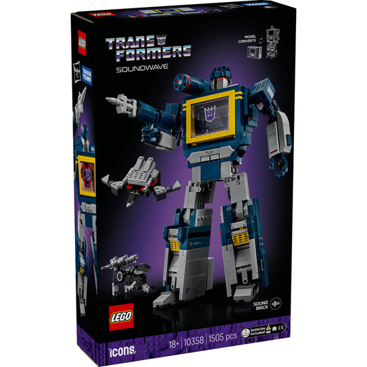 A LEGO Icons Transformers Fülelő (10358) doboza, amelyen a részletes robotmodell, a Soundwave látható lila háttérrel és a Transformers logóval.