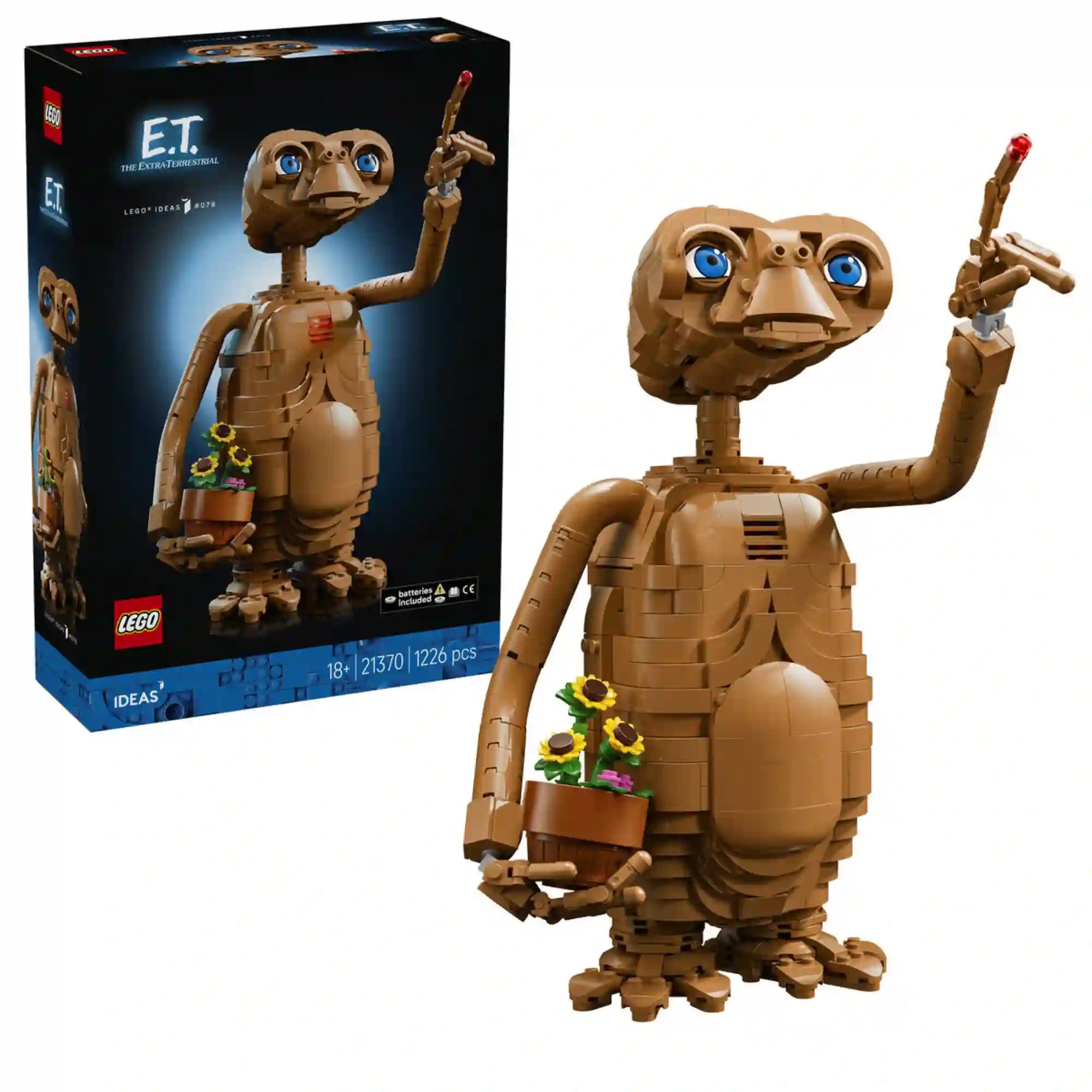 A LEGO Ideas E.T. – A földönkívüli 21370 készlet doboza a megépített E.T. modellel.