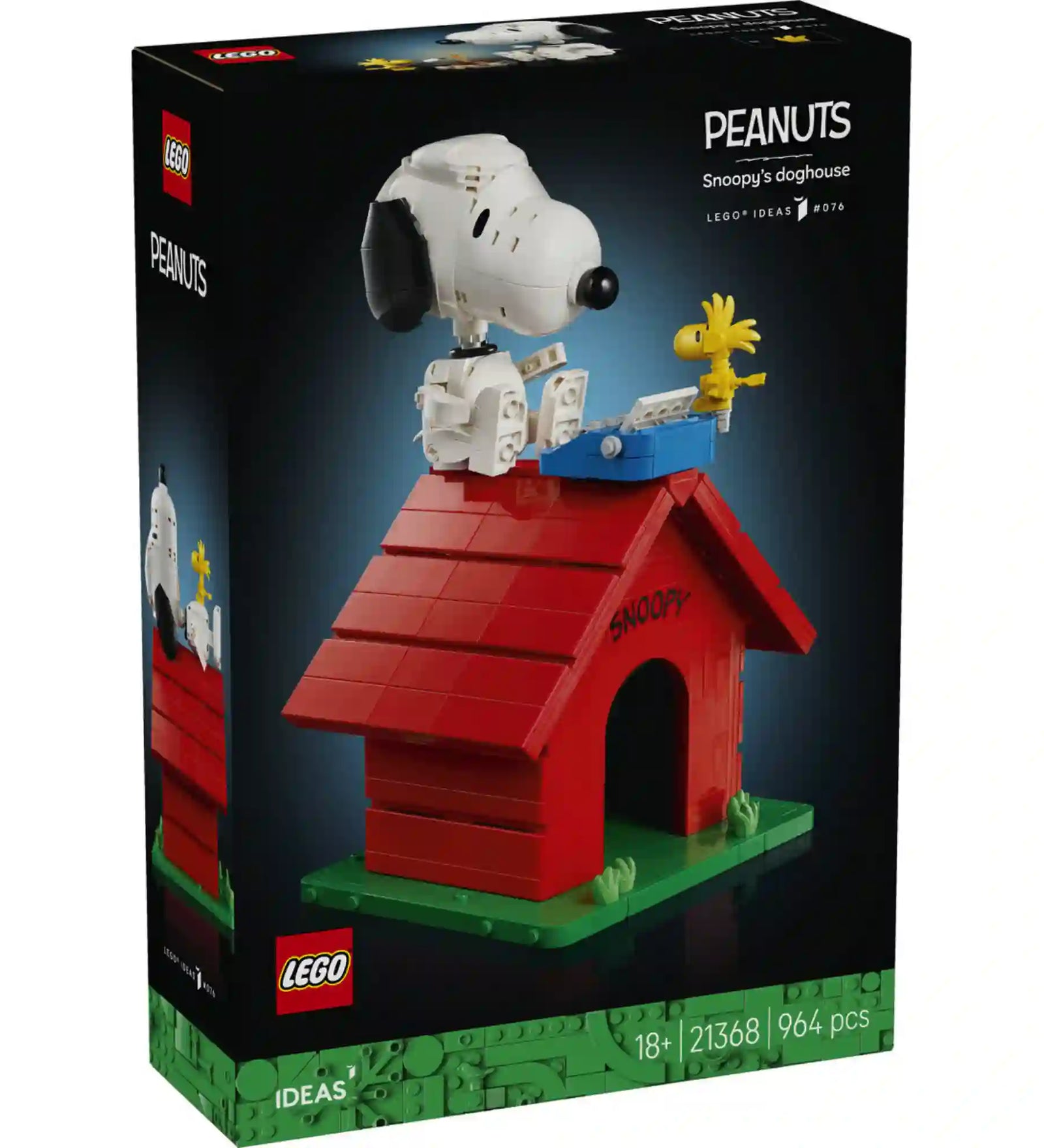 LEGO Ideas Snoopy kutyaháza (21368) elülső dobozképe, a Peanuts ikonikus szereplőivel, Snoopyval és Woodstockkal a klasszikus piros kutyaház tetején.