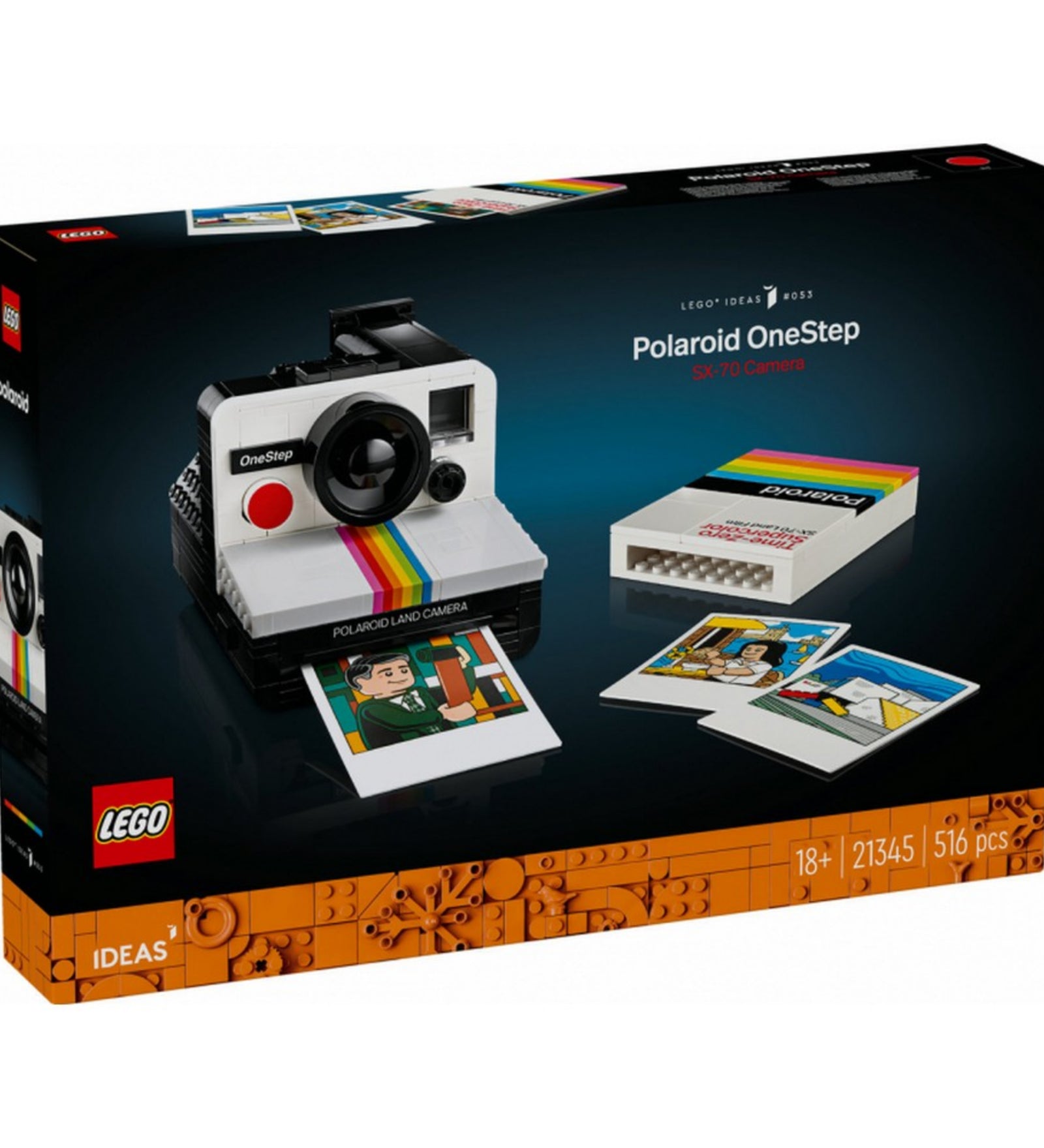 LEGO Ideas Polaroid OneStep SX-70 fényképezőgép (21345) dobozának elölnézete, a dobozon a kész modell és a színes LEGO „fotók” láthatók, a klasszikus szivárványszínű dizájnnal.