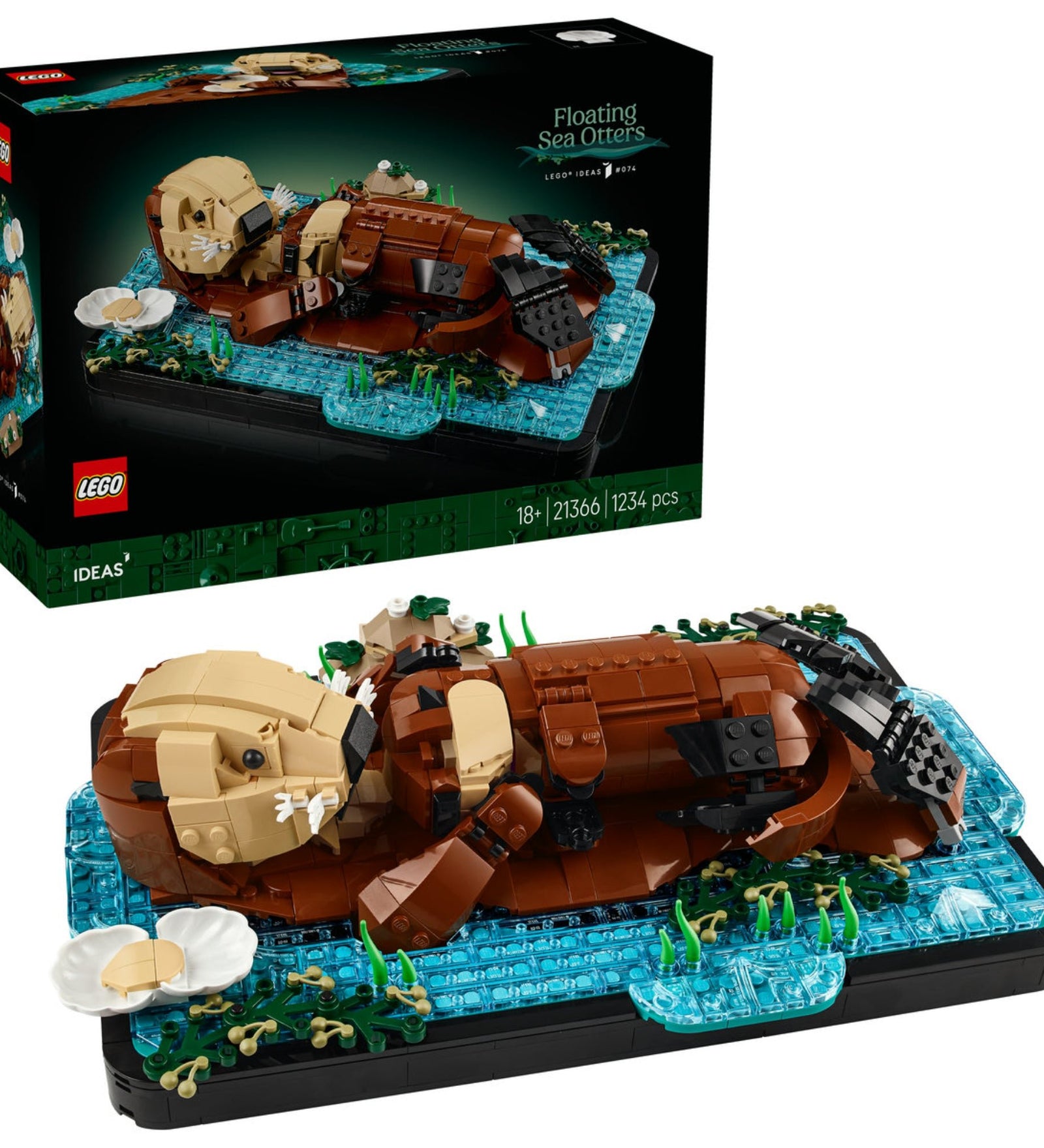 LEGO Ideas Floating Sea Otters 21366 doboz és a megépített tengeri vidra LEGO modell vízfelszínt ábrázoló talapzaton.