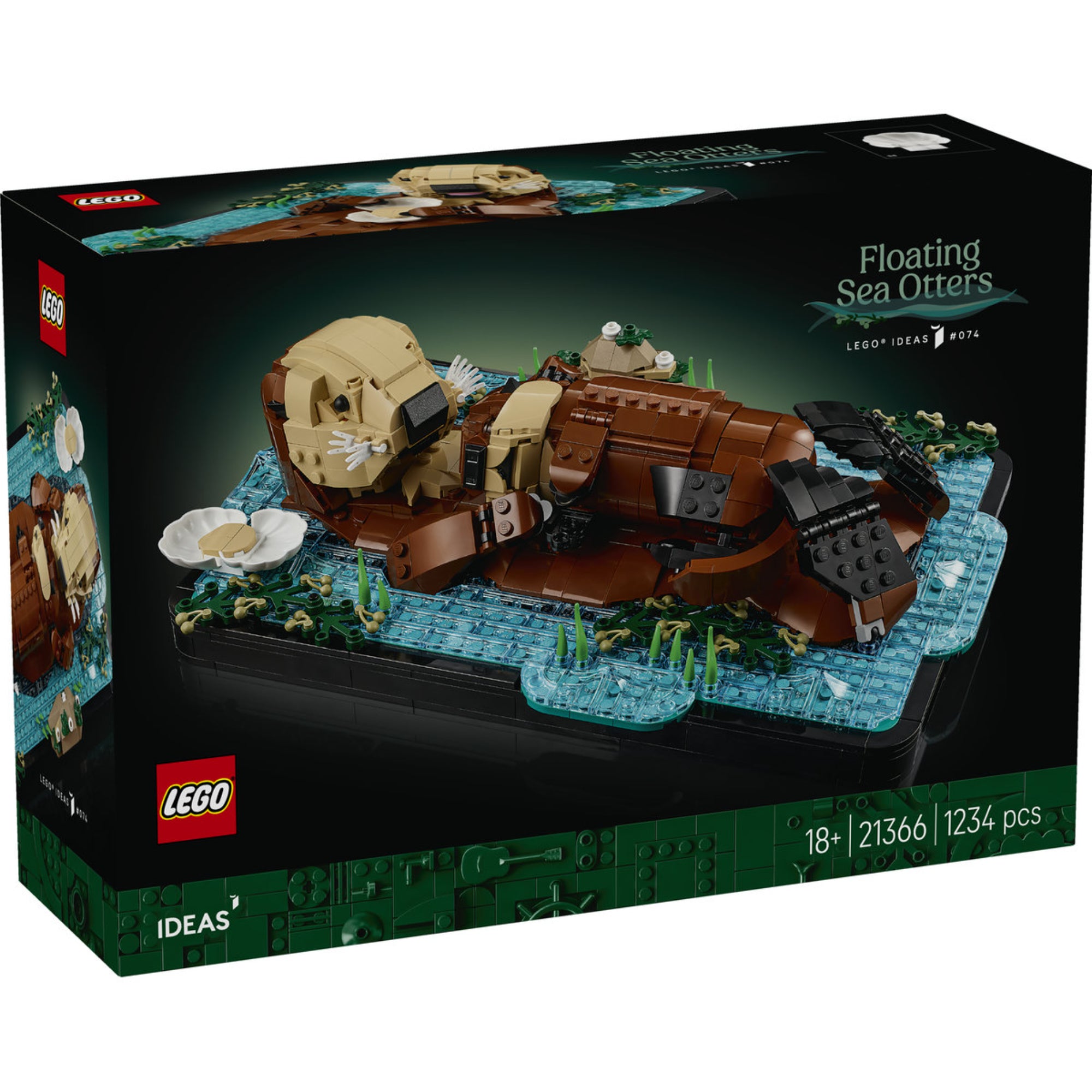 LEGO Ideas Floating Sea Otters 21366 készlet dobozának eleje a lebegő tengeri vidra LEGO modell képével.