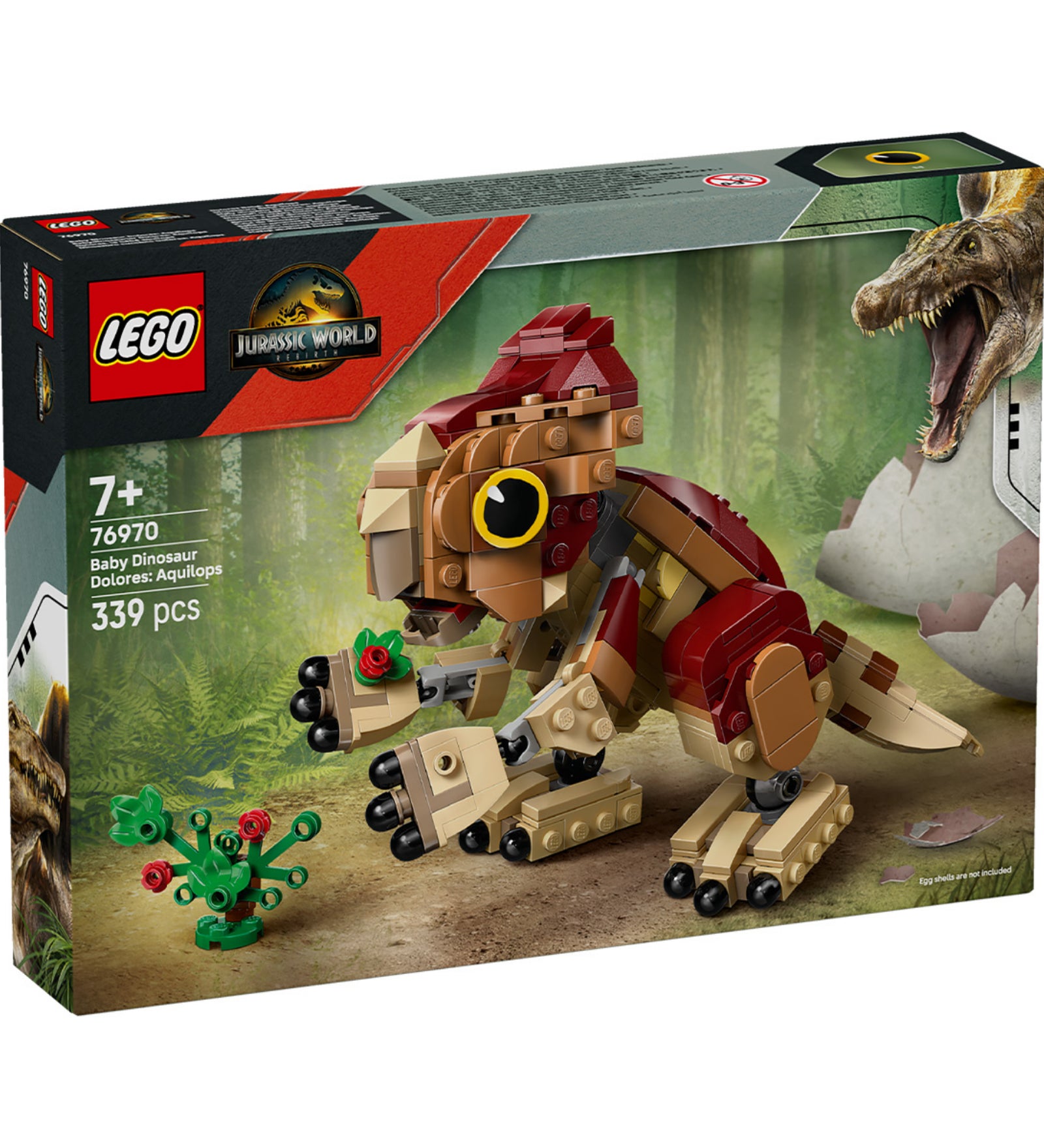 A LEGO Jurassic World Baby Dinosaur Dolores: Aqiulops (76970) doboza elölről, az erdős háttérben látható fiatal dinoszaurusz figurával és LEGO logóval.
