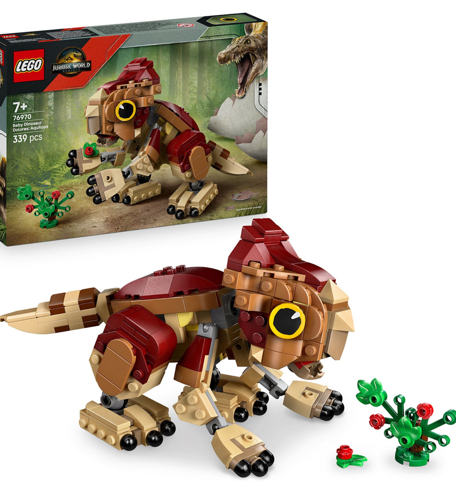 A LEGO Jurassic World Baby Dinosaur Dolores: Aqiulops (76970) doboza és a készlet teljes tartalma – a részletesen megépített fiatal dinoszaurusz és a kis növény.
